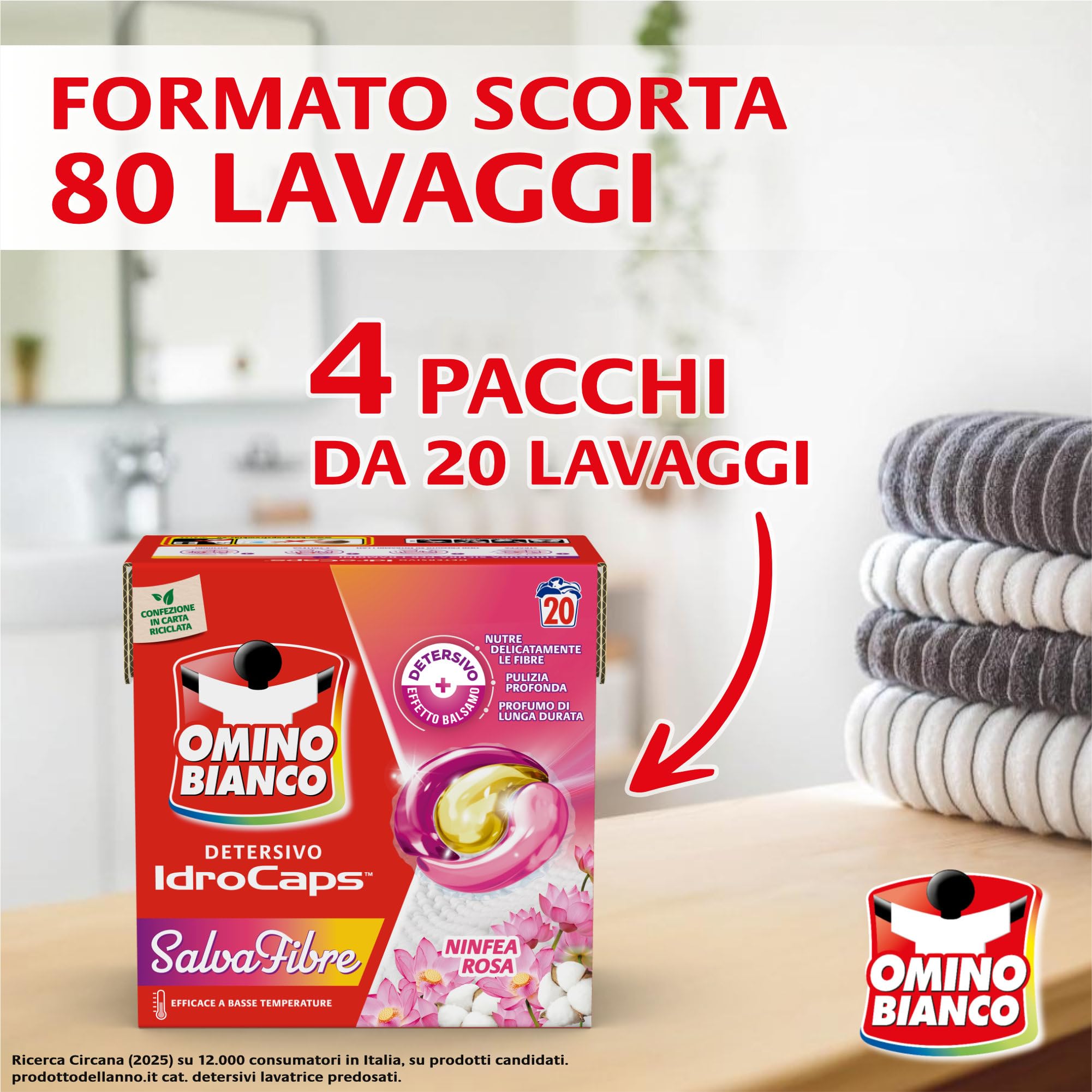Omino Bianco Idrocaps - Detersivo Lavatrice in Capsule Salva Fibre, 80 Lavaggi, Efficace a Basse Temperature, Profumo Ninfea Rosa, 20 Caps x 4 Confezioni