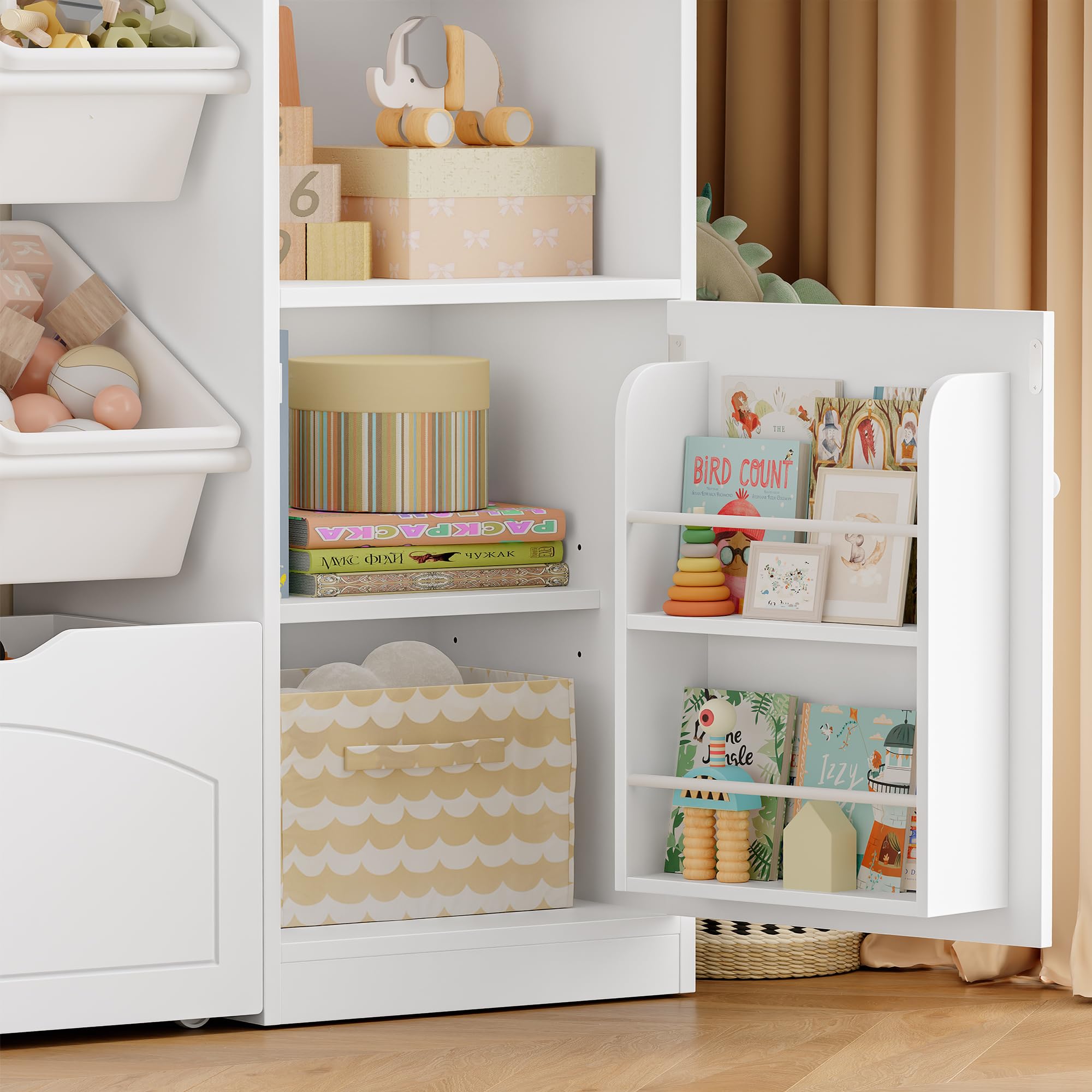FOREHILL Libreria Montessoriana per Bambini, Porta Giochi Bambini a 6 Scatole, Organizer Giocattoli a Ripiani Regolabile, 7 Scomparti Aperti, per Cameretta e Sale Giochi, 140,5x33x108,2 cm, Bianco