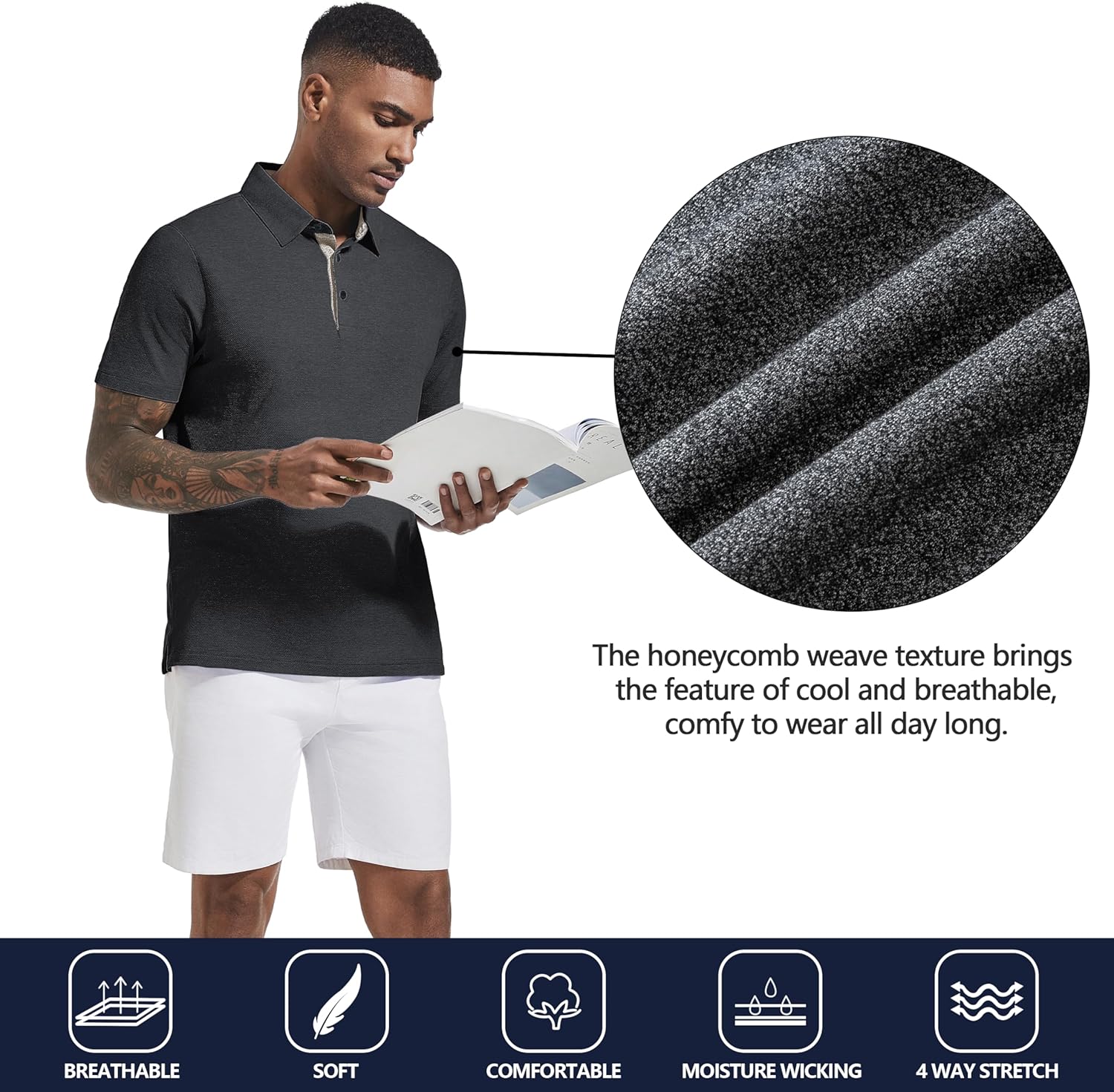 Men's Polo Shirts Short Sleeve Cotton Blend Moisture Wicking Dry Fit Performance Collared Golf Shirts for Men