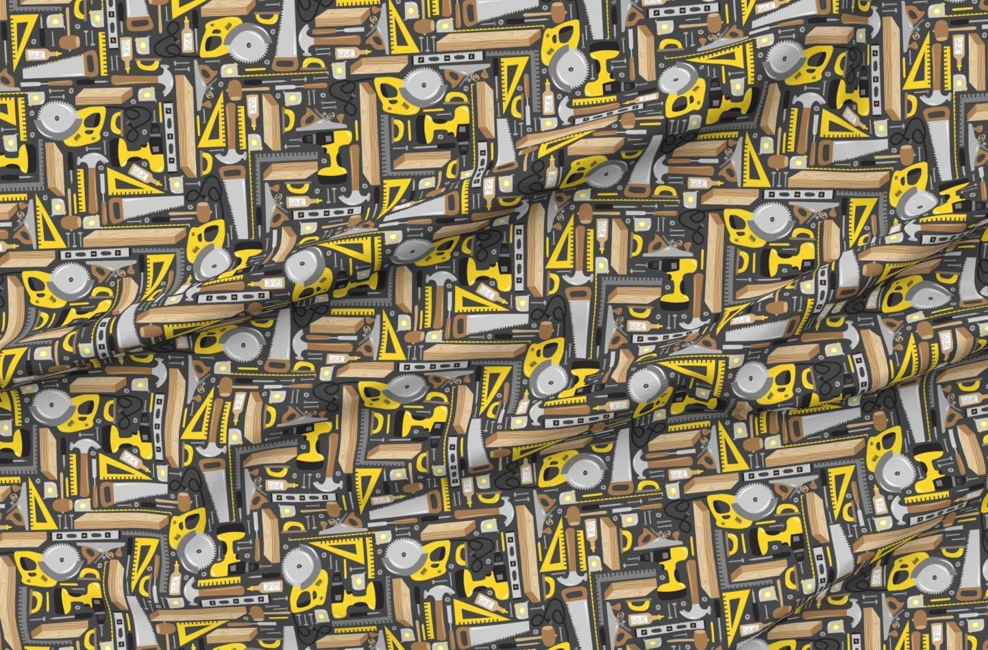 Spoonflower Fabric - Gray Yellow Wood Saw Tools Man Dad Novelty Printed on Organic Cotton Sateen Fabric by The Yard - Sewing Quilting Apparel Home Decor