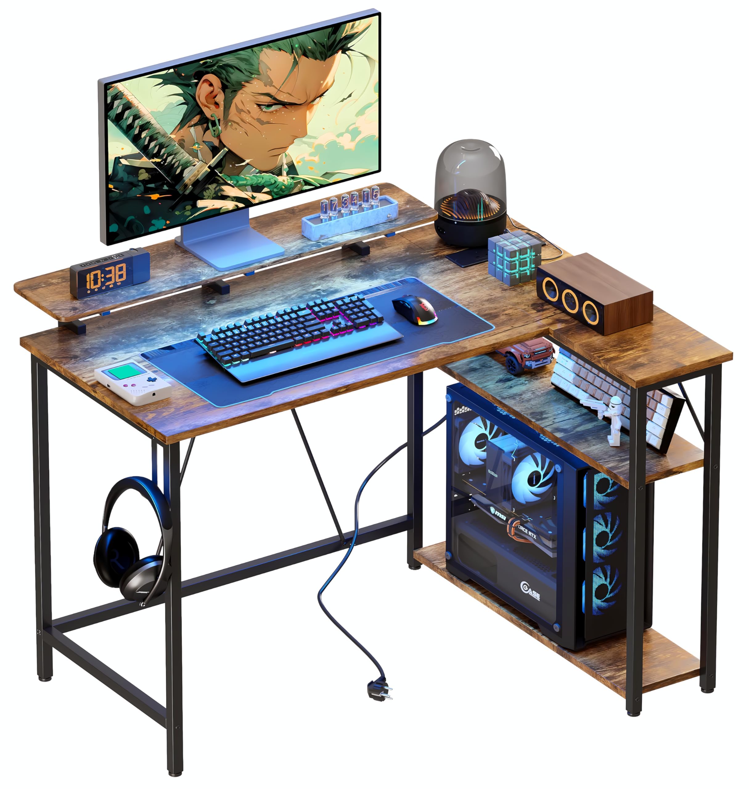 Xyphren L Shaped Gaming Desk with RGB LED Lights & Power Outlets,Corner Computer Desk with Adjustable Shelves, Small Office Desk for Study Workstation, 100x80 cm, Carbon Black