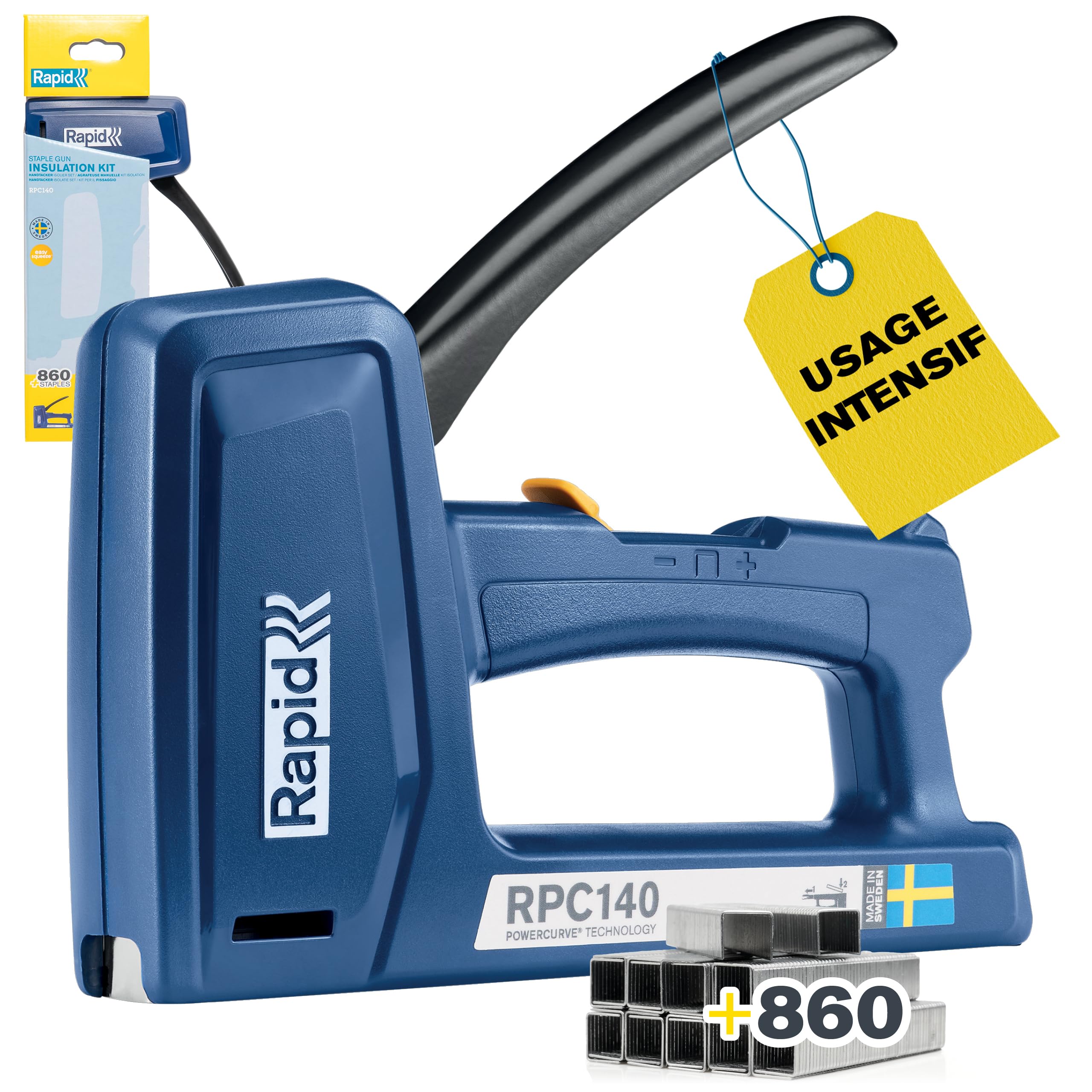 RAPID RPC140 - Kit Agrafeuse Murale Manuelle Textile, Plastique, Agrafeuse Bois, Tapissier, 50% Plus Facile à Utiliser, Agrafes jusqu'à 16 mm, Fabriquée en Suède, Inclus 860 Agrafes (5001750)