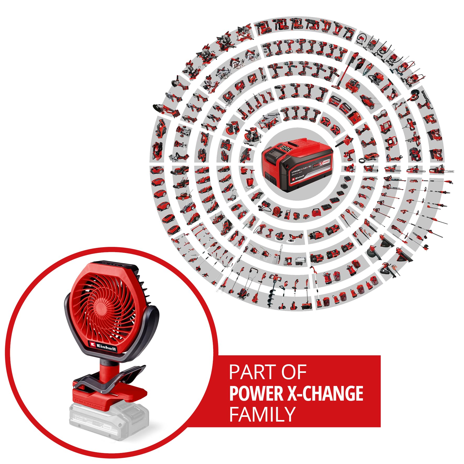 Einhell Ventilateur sans fil GC-CF 18/110 Li-Solo Power X-Change (18 V, moteur sans charbon, 3 niveaux de vitesse, réglable en continu, possibilités de fixation multiples, vendu sans batterie)
