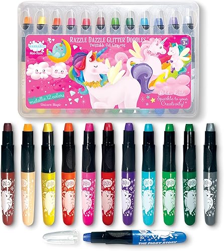 The Piggy Story Juego de 12 crayones de gel con purpurina, diseño de fantasía de unicornio