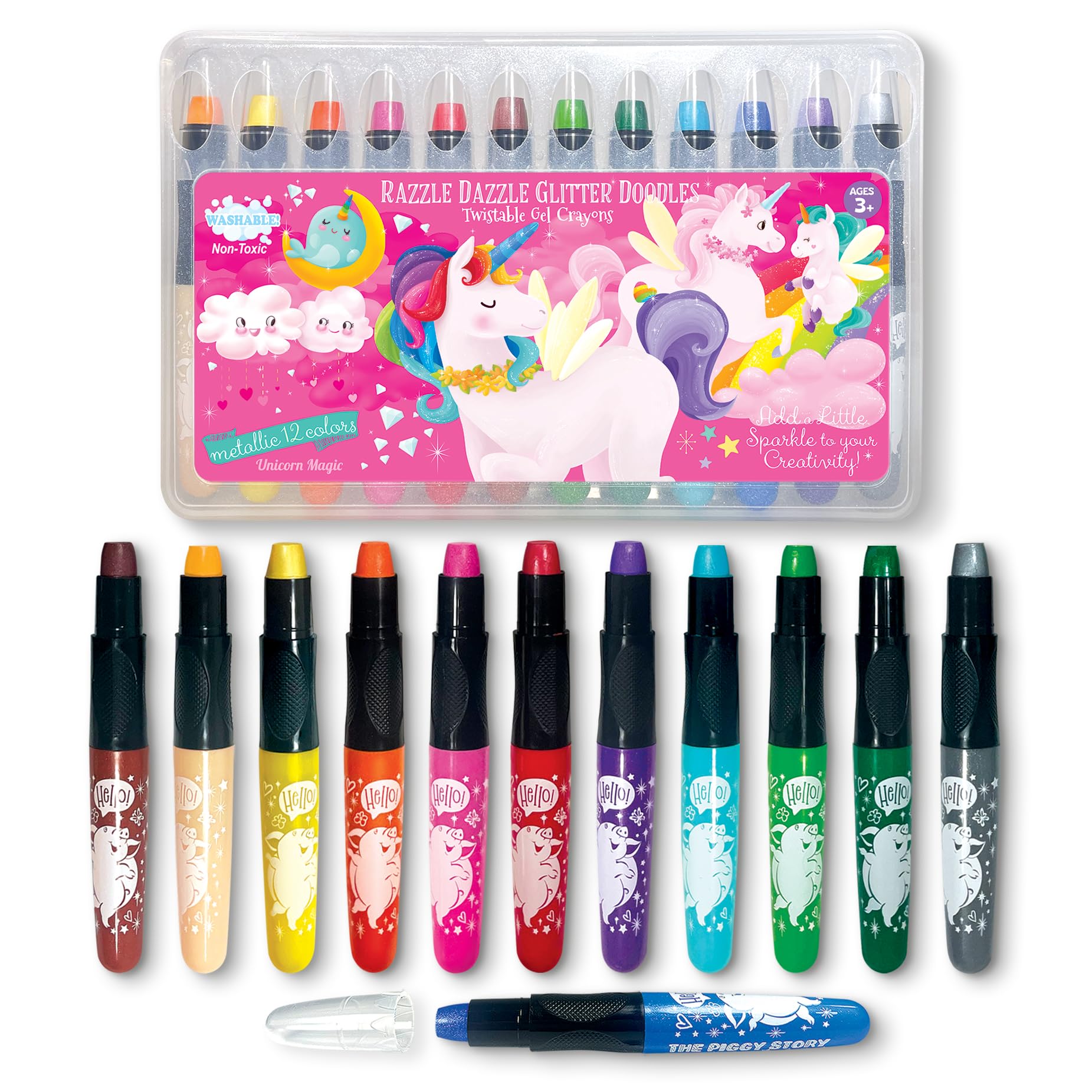 The Piggy Story Glitter Gel Crayons, Set of 12 Crayons in Unicorn Fantasy Design