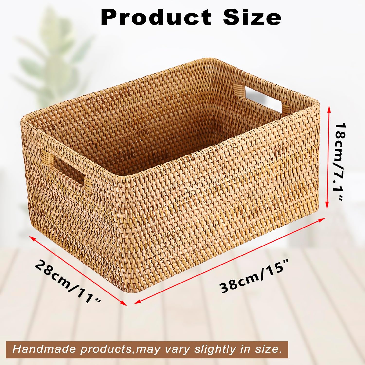 Hipiwe 手織り 籐製バスケット 装飾 ナチュラル 籐 収納バスケット 長方形 ワードローブ ホームオーガナイザー ハンドル内蔵