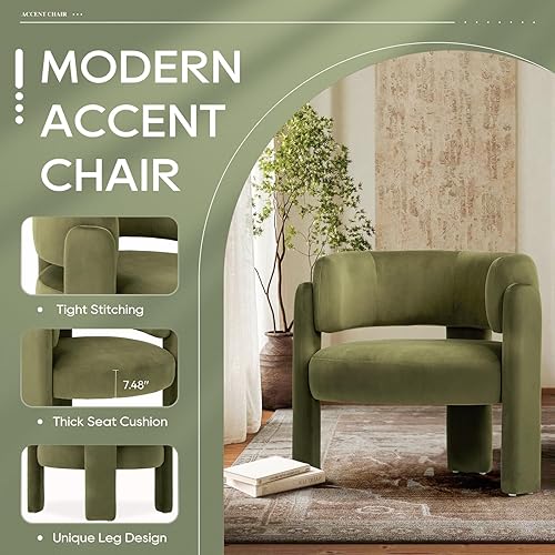 Miniatura 4 de COLAMY Silla decorativa moderna de terciopelo, silla tapizada, cómoda silla con brazo lateral con 3 patas para sala de estar, dormitorio, lectura,