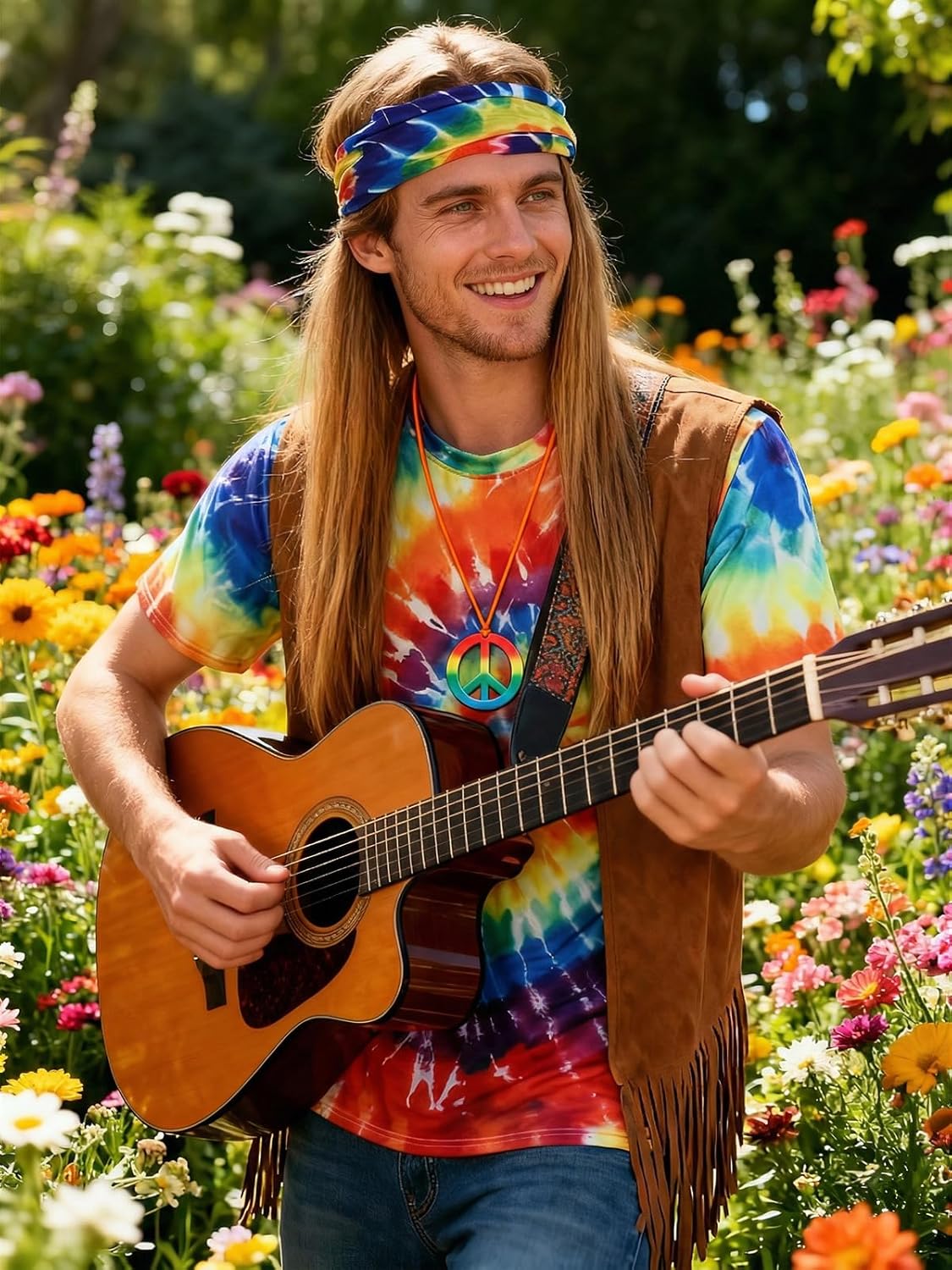 Hippie Costume for Men 60s 70s - Tie Dye Shirt with Fringe Vest & Wig Set, Retro Outfit sets for Carnival - Image 2