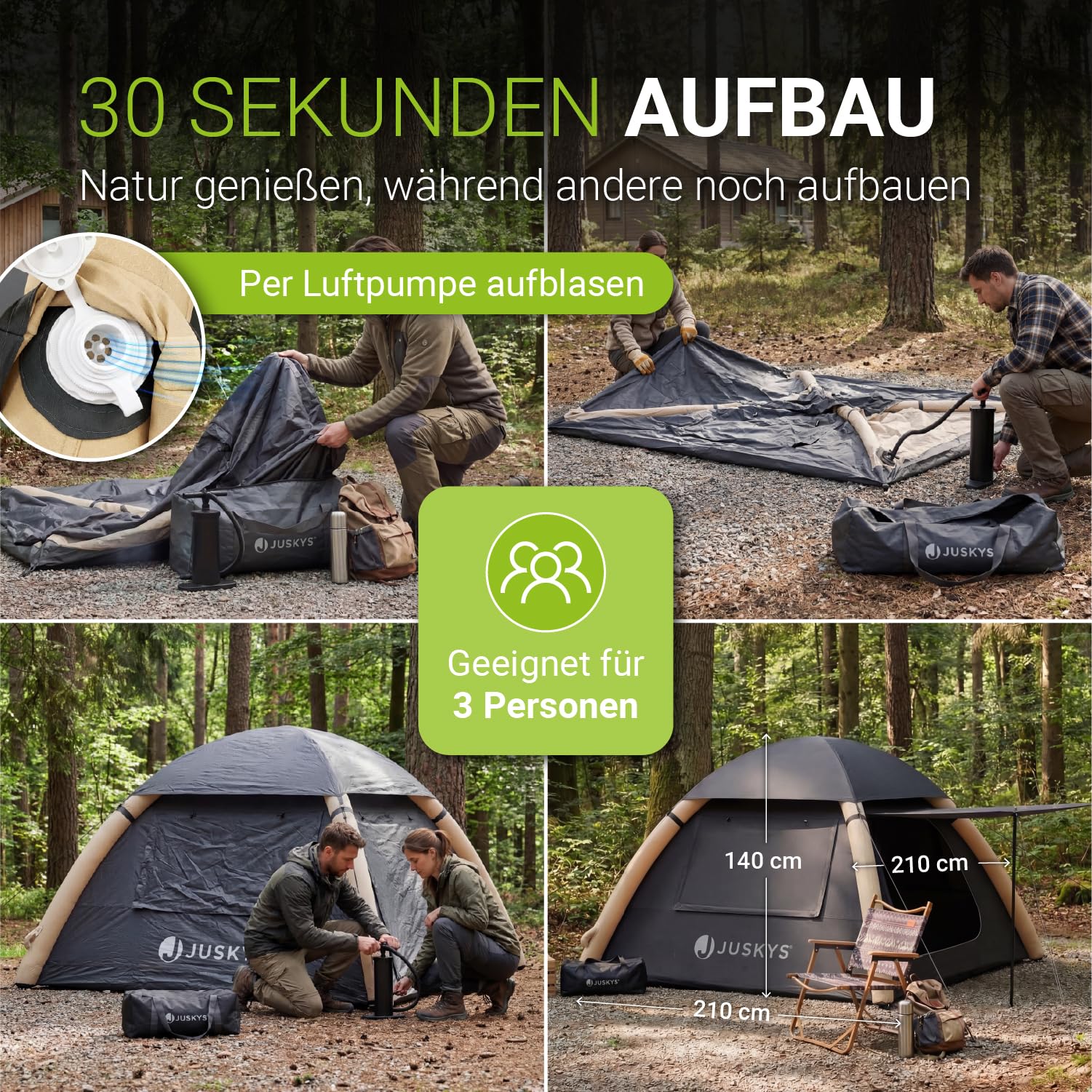 JUSKYS® Luftzelt EasyFlow M/L - aufblasbares Camping Zelt mit Vordach, wasserdicht, UV-Schutz LSF 50, inklusive LED-Lampe & Zubehör
