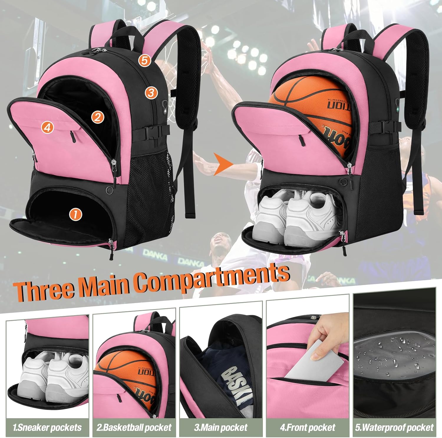 Basketball Backpack - Large Sports Equipment Bag with Ball Holder & Shoe Compartment, Sport Bags for Basketball, Soccer, Volleyball, Gym, School and Travel - Image 6