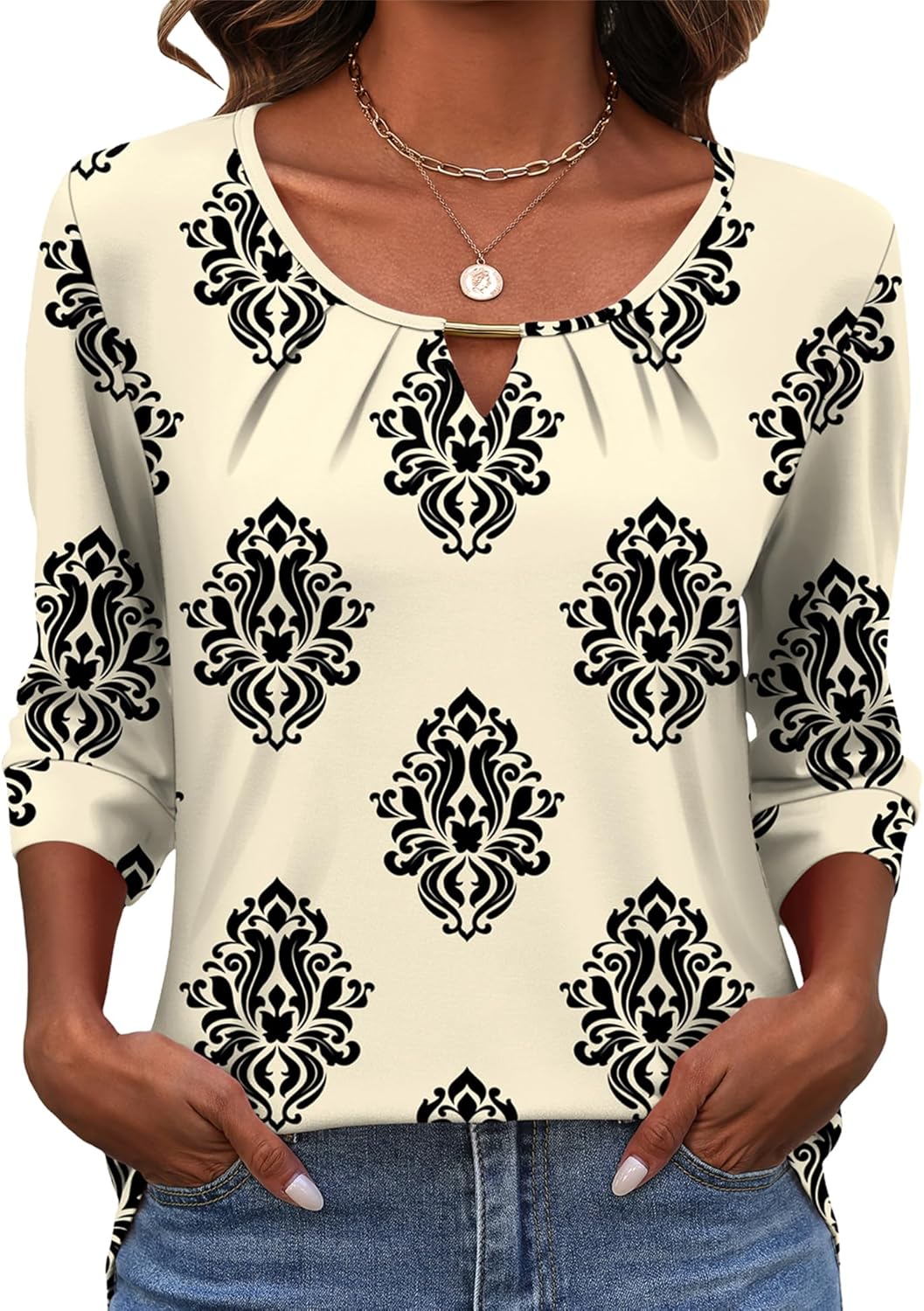 Rapbin 3/4 Length Sleeve Tops Crew Neck Casual Basic Pleated Blouses 2026 Trendy