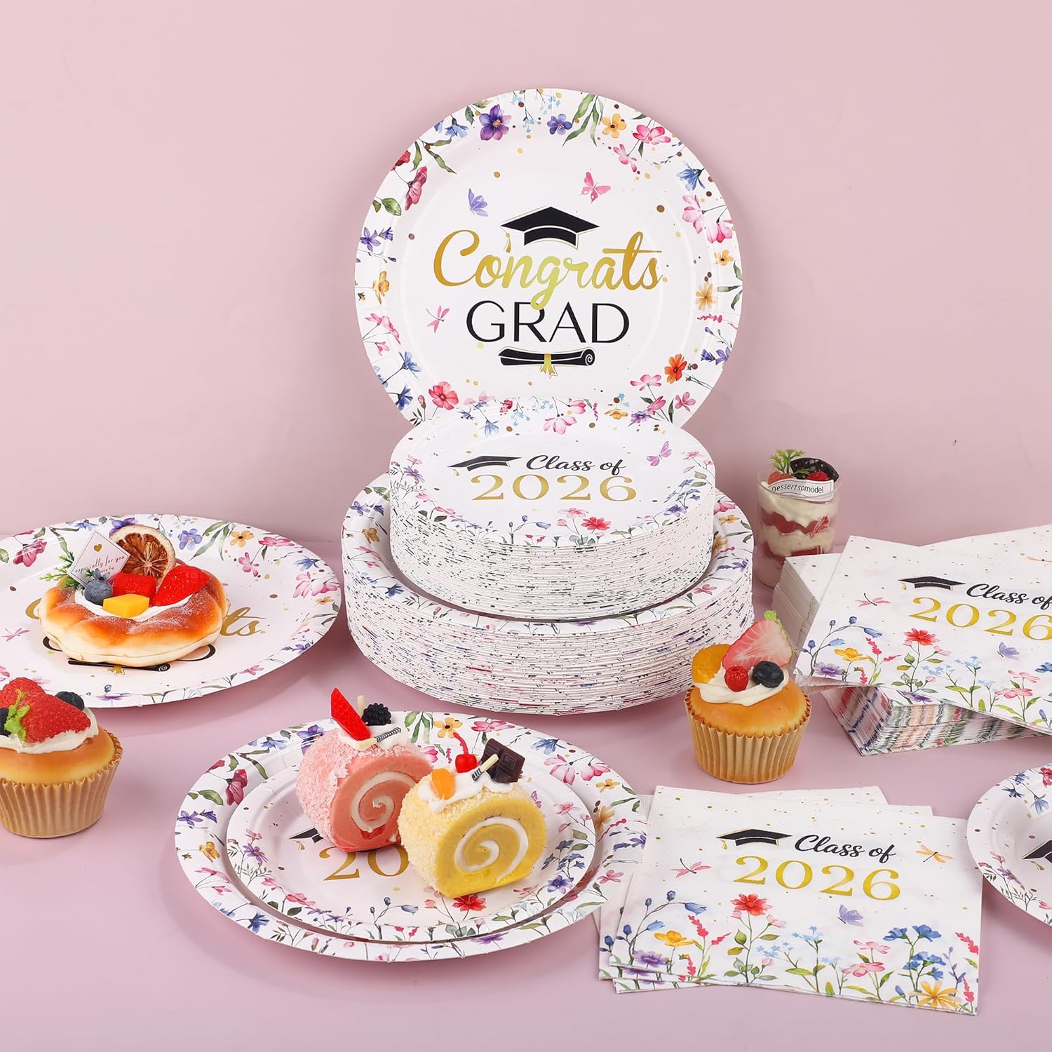 Kochorie 150 Pieces Floral Graduation Party Decorations Congrats Grad Party Paper Plates and Napkins Class of 2026 Female Graduation Decorations for College High School Party Supplies