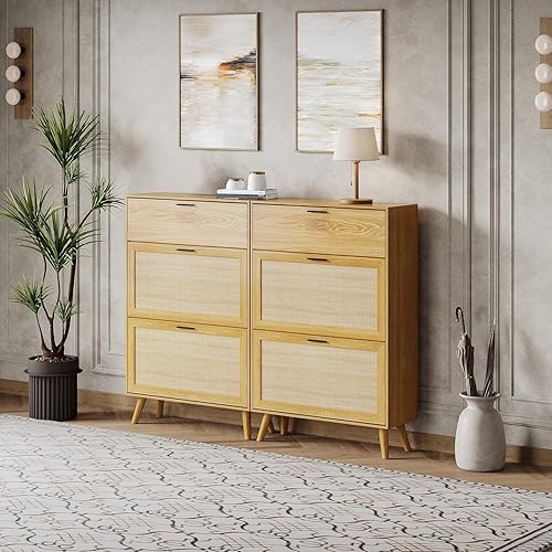 Vista 7 de MU Zapatero de ratán natural, zapatero de entrada con 2 cajones abatibles y armario oculto, gabinete organizador de zapatos bohemio, armario