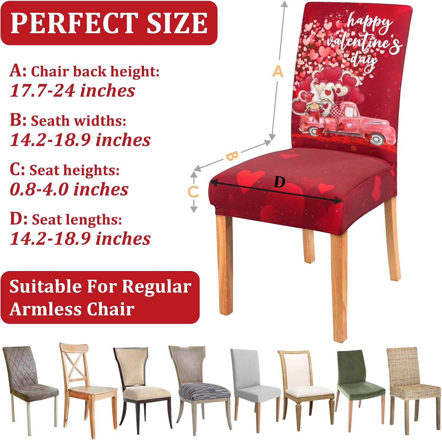 Valentines Day Chair Covers Set of 4, Valentines Decorations Stretch Removable Washable Dining Room Love Hearts Gnome Chair Protector Slipcovers Party Kitchen Home Valentine Decor (Valentine 2, 4 PCS)