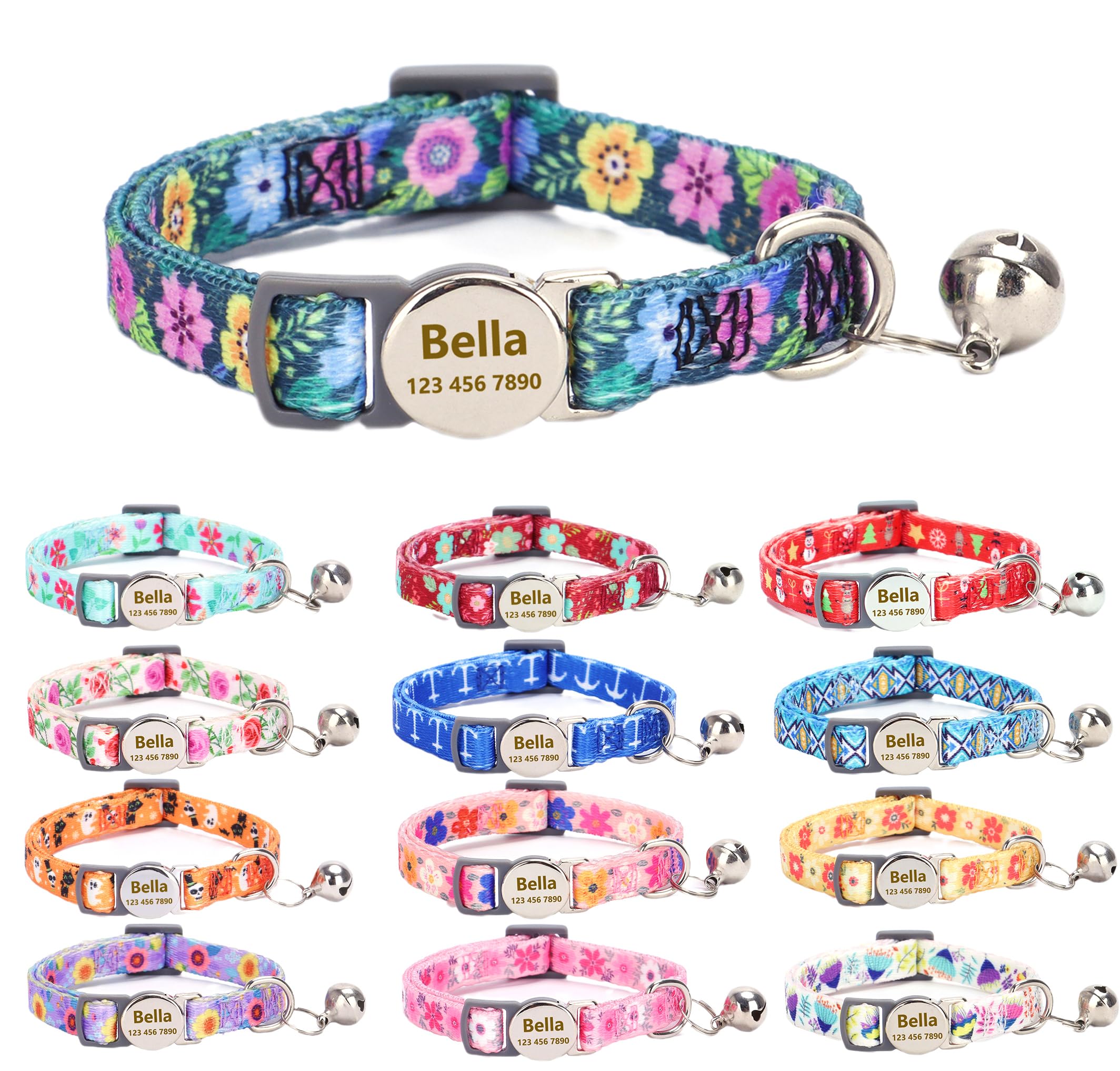 Moonpet Custom Personalized Breakaway Christmas Kitten Cat Collar with ID Name Phone Number Tag Plate/Customized Engraved Floral Pattern Boy Girl Cat Kitten Collar with Bell-Dark Flower