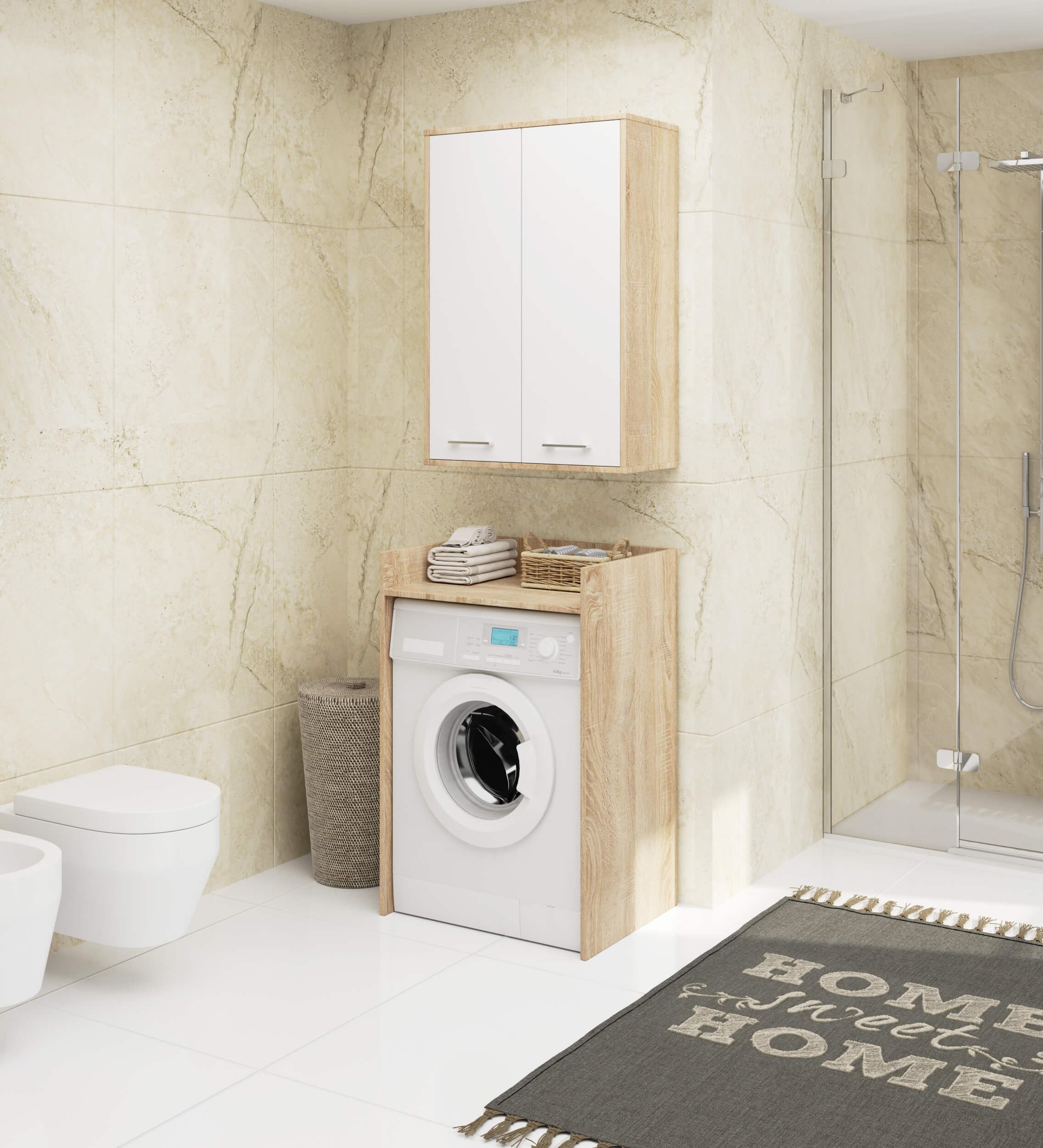 AKORD Meuble Salle de Bain Suspendu Fin 64 cm - 2 Portes, 4 Étagères - Armoire Murale 64x94x30 cm - Meuble Haut WC - Compact, Moderne - Idéal pour Petits Espaces - Chêne de Sonoma & Blanc