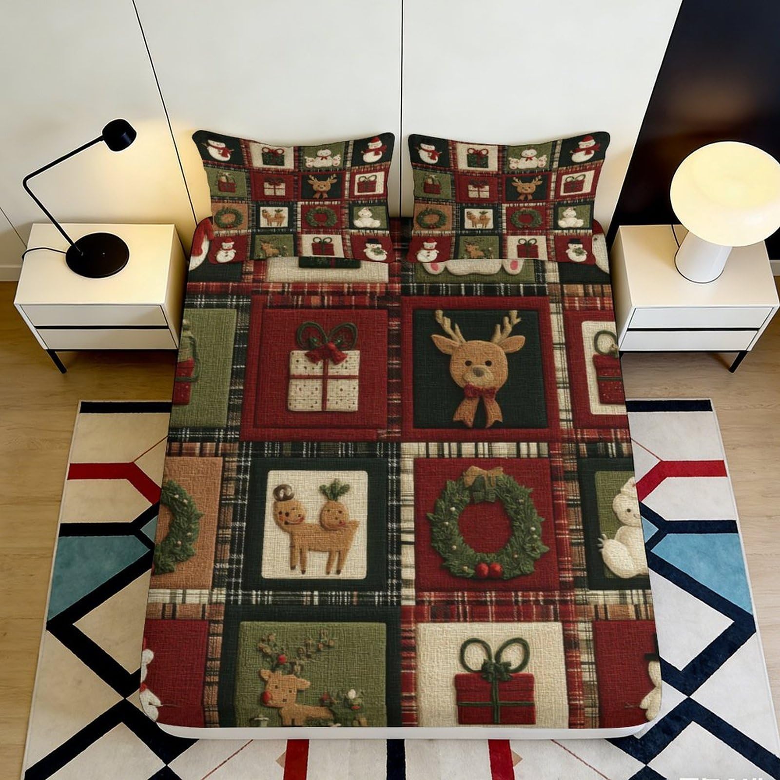 Jqzkxnhpbr Style-4 3D Printed Festive Reindeer Fitted Sheet Microfiber Soft Christmas Patchwork Bed Cover For Bedroom Guest Room Decor 90X200x25cm