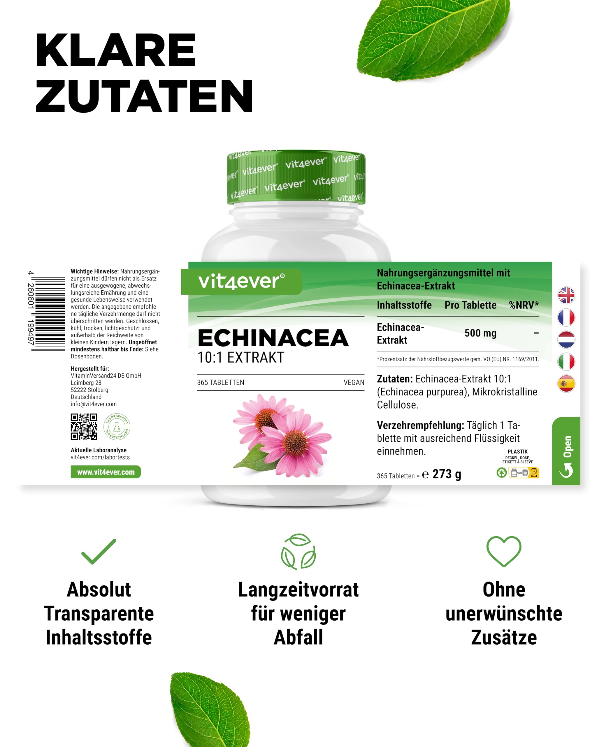 vit4ever Echinacea 500 mg - 365 vegane Tabletten - Natürliches Echinacea Extrakt 10:1 - Hochdosiert - Ohne unerwünschte Zusätze - Vegan