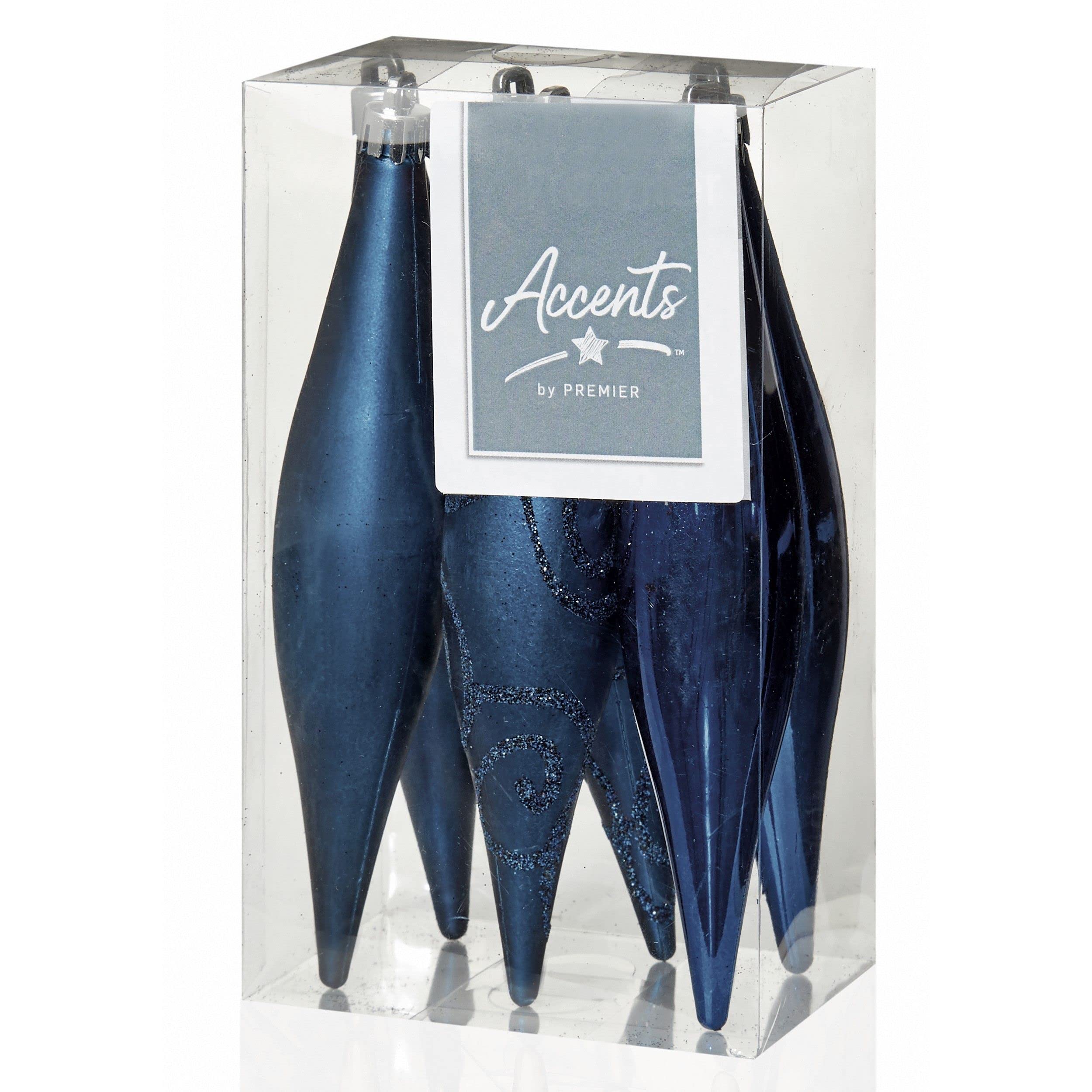 6 x Midnight Blue Icicle / Tear Drop Christmas Tree Baubles by Premier