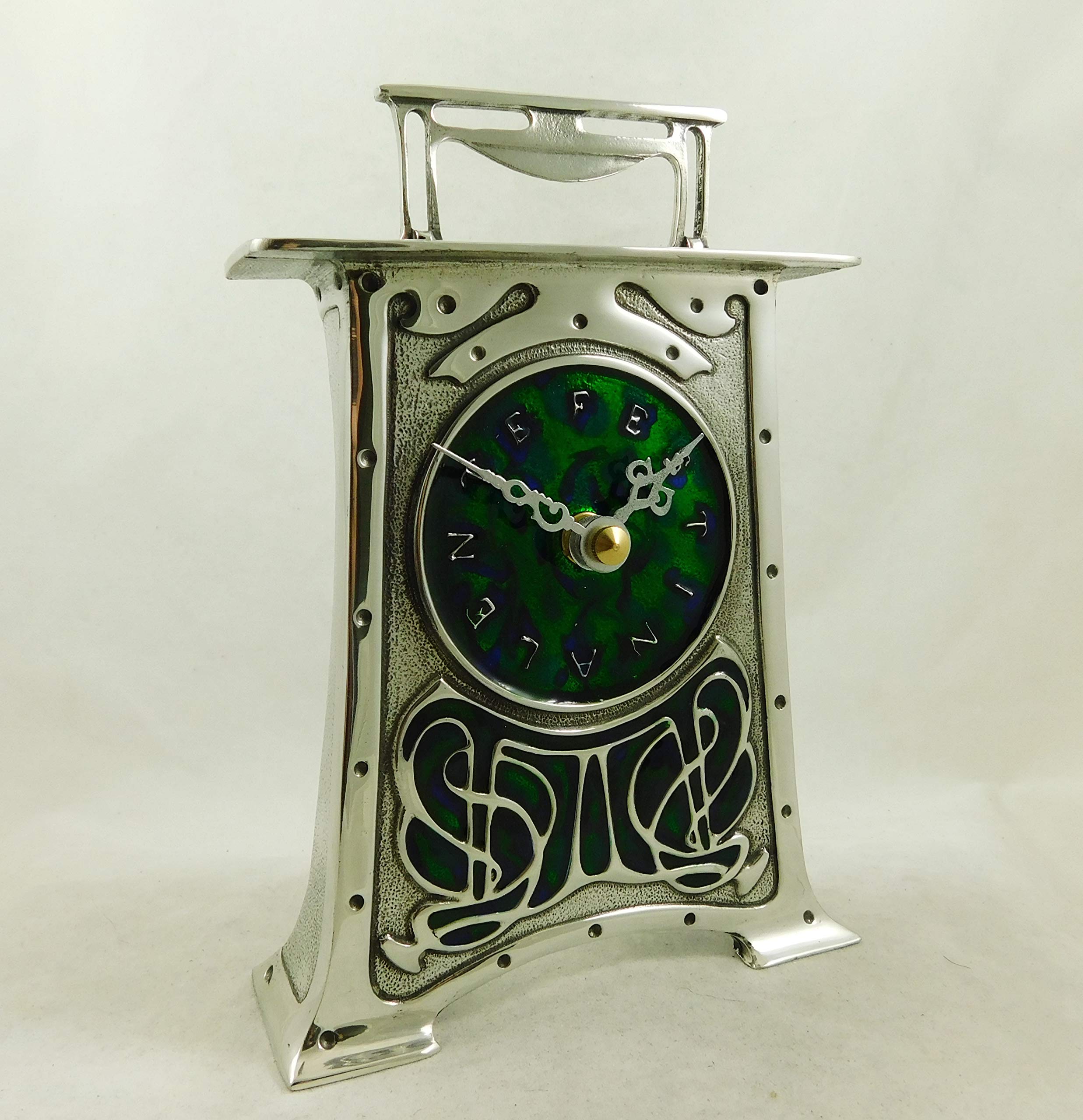Seven Secrets Archibald Knox Style Pewter Clock Art Nouveau Design Reproduction | Silver Colour 15cm H |Made in England | AK45