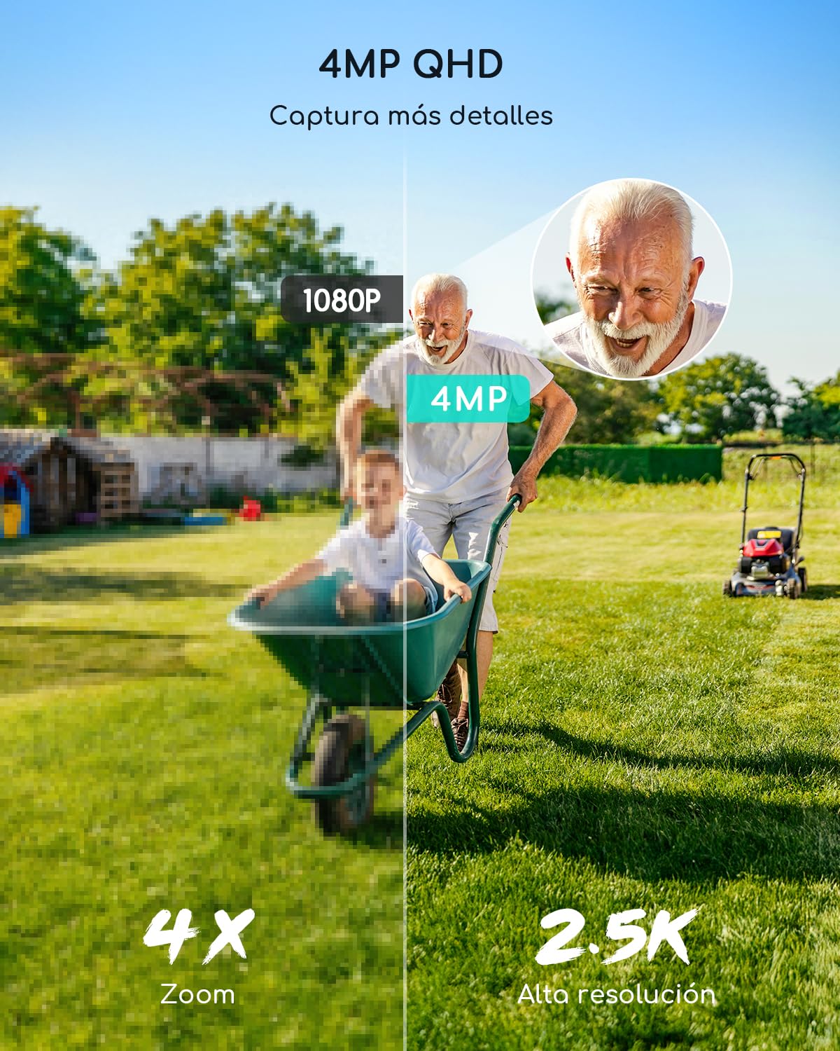 COOAU 4MP Kit de cámara vigilancia WiFi Exterior bateria con Panel Solar, 2.5K QHD, cámara de Seguridad inalámbrica 4+1 con Memoria Local de 64 GB, 360°, visión Nocturna, PIR detección, Alexa