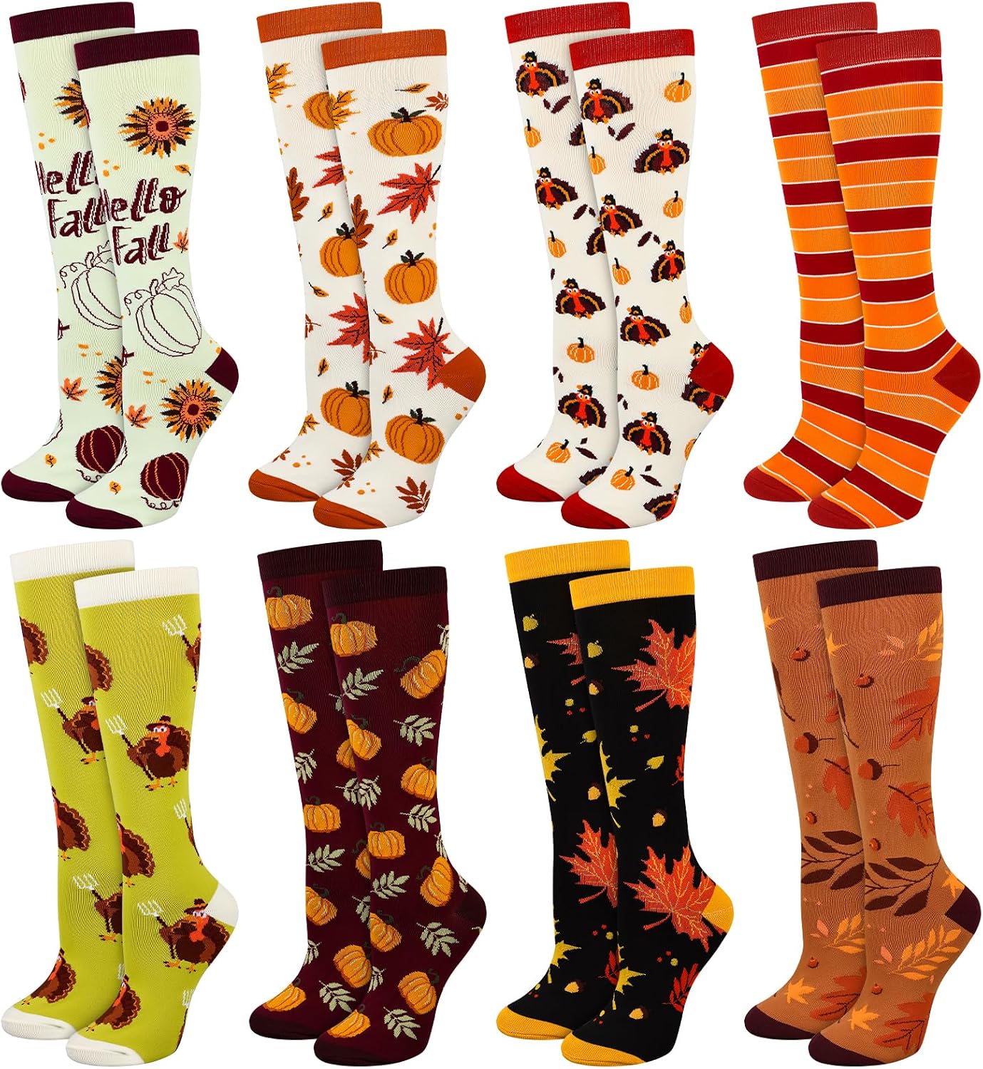 8 Pairs Fall Compression Socks for Women Men Thanksgiving Holiday Socks Funny Pumpkin Maple Leaf Turkey Socks Autumn Thanksgiving Harvest Themed Sock for Thanksgiving Gifts, 8 Design