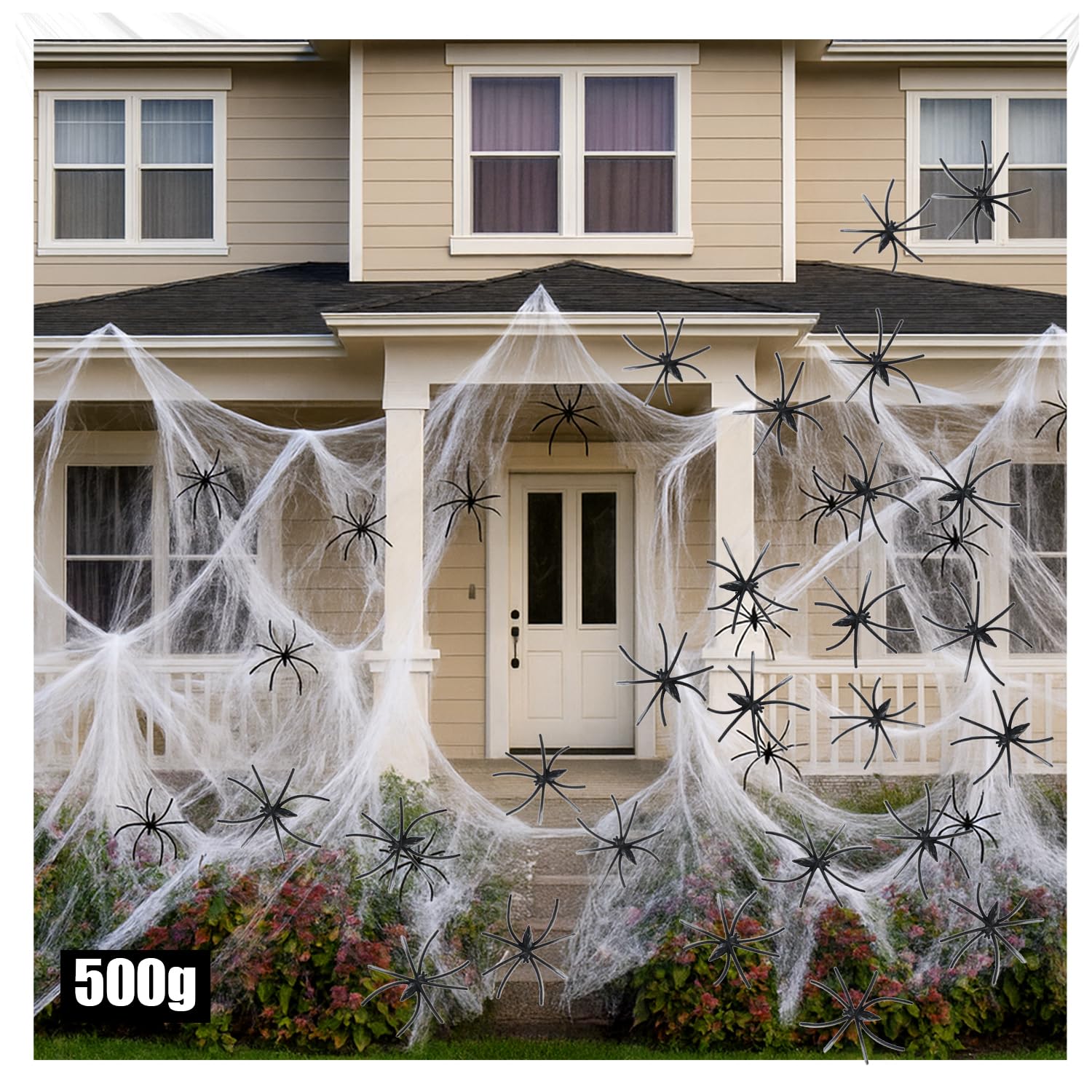 com-four® 26-teiliges Deko-Set für Halloween - 500g dehnbares Spinnennetz mit 25 schwarzen Spinnen - gruseliges weißes Spinnengewebe als Dekoration für Halloween, Fasching, Horror- oder Mottopartys