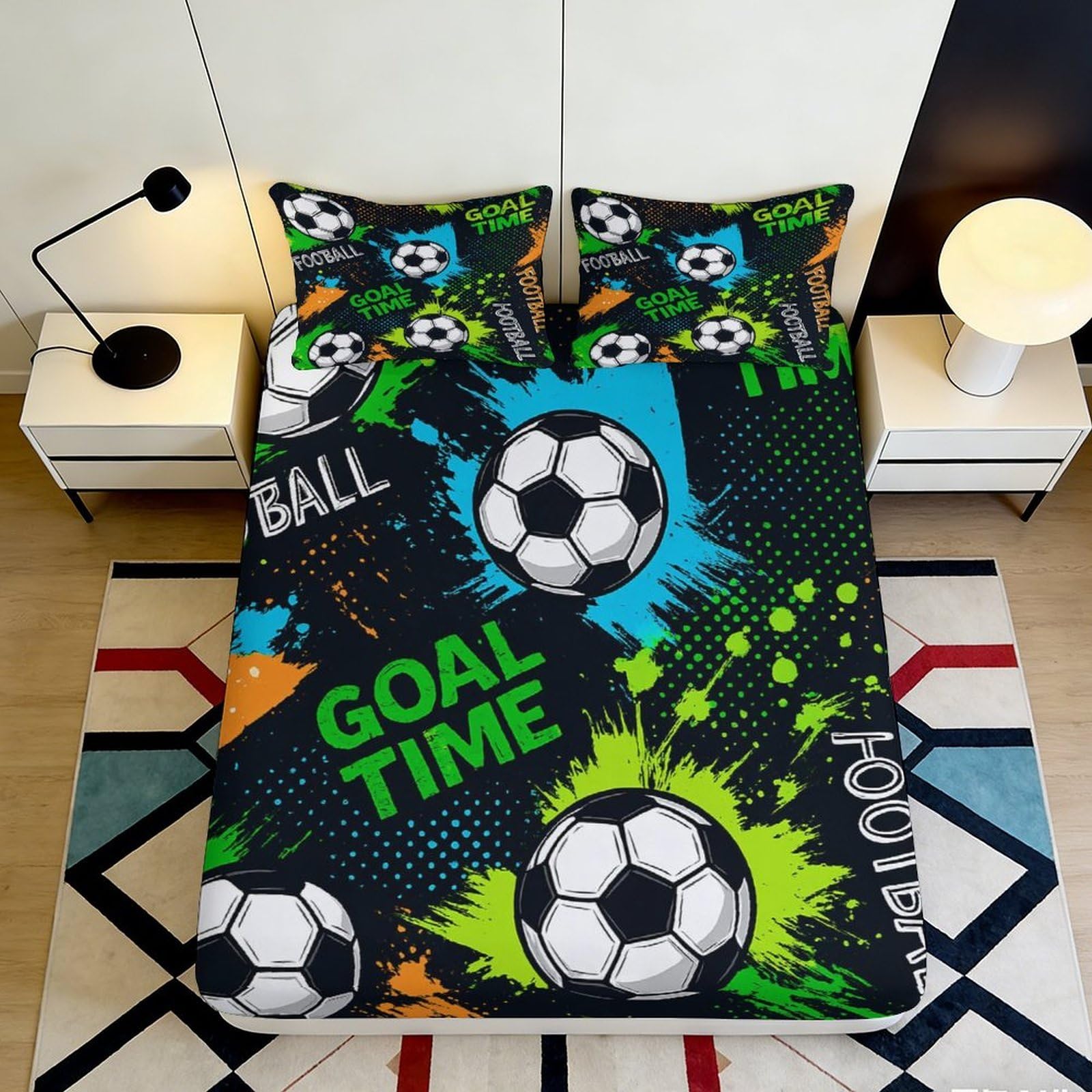 Uxinyoume Style-3 3D Printed Soccer Ball Fitted Sheet Microfiber Colourful Football Mattress Cover For Bedroom Guest Room Decor 90X200x25cm