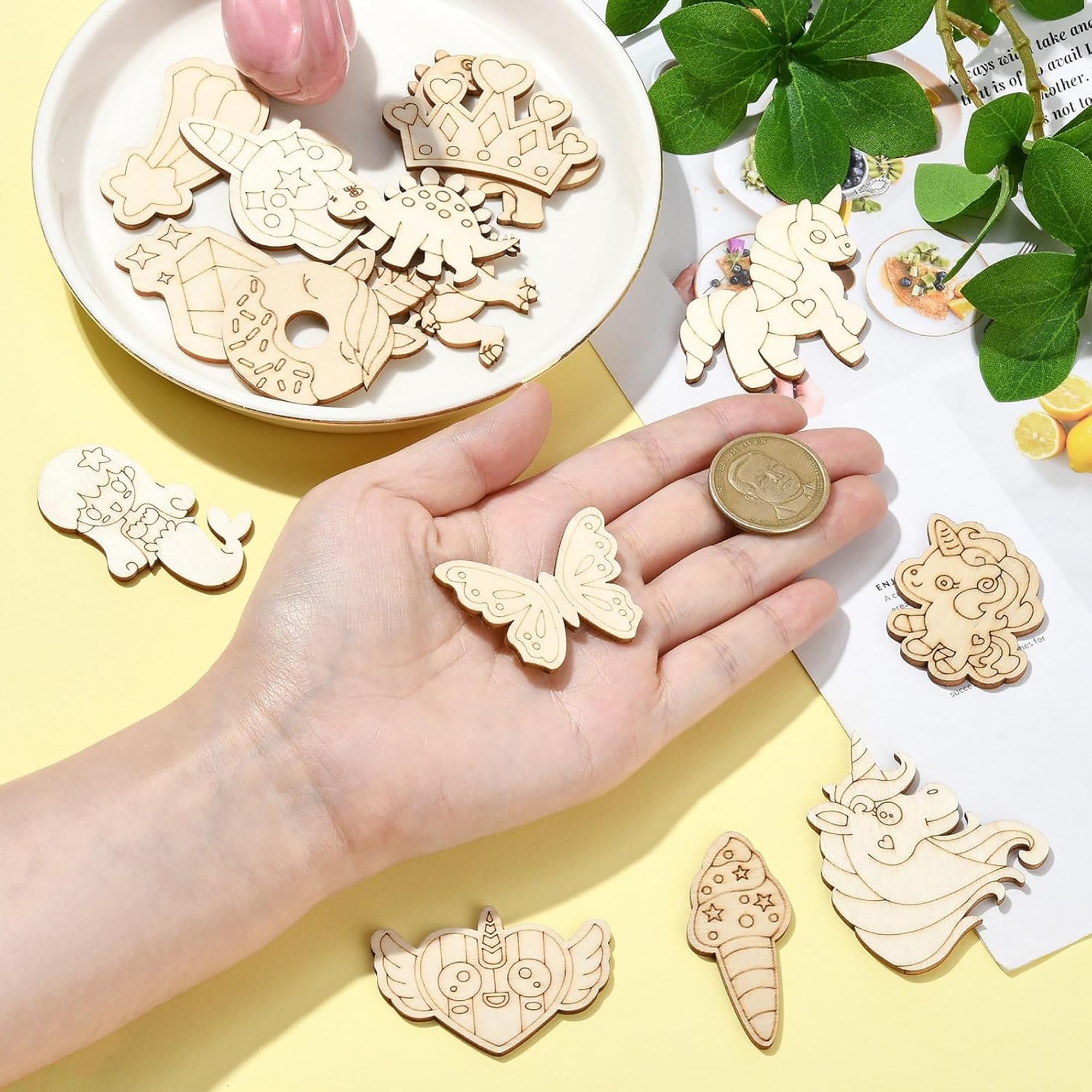 Cliths Pack of 28 Pcs Wooden Cutouts – Unicorn, Heart, Butterfly, Donut, Dinosaur Unfinished Craft Shapes for DIY Arts, Home Décor Wooden Painting Crafts 2