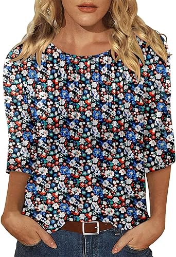 KISSMODA Tunic Tops for Women Loose Fit Dressy Round Neck Pleated 3/4 Length Sleeve Spring Tops