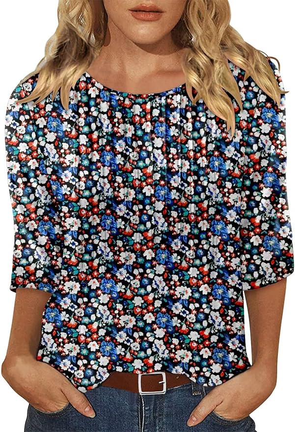 KISSMODA Tunic Tops for Women Loose Fit Dressy Round Neck Pleated 3/4 Length Sleeve Spring Tops