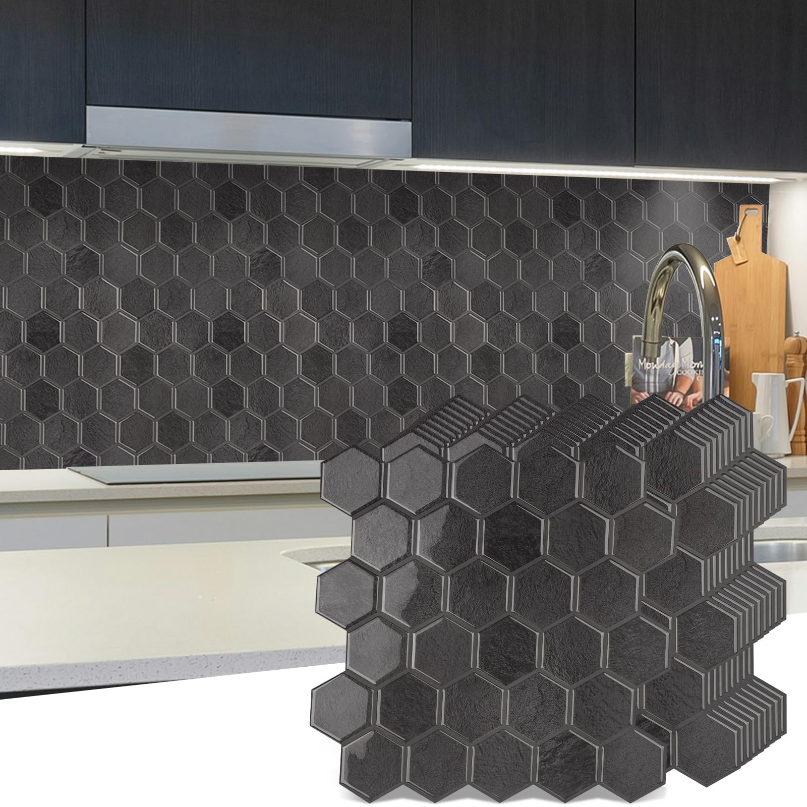10 Blatt Hexagon Peel and Stick Backsplash für Küche, Upgrade, Premium Extra Dickeres Design, 3D Selbstklebende Wandfliesen, große Klebefliesen für Küche und Bad (30,5 x 30,5 cm)