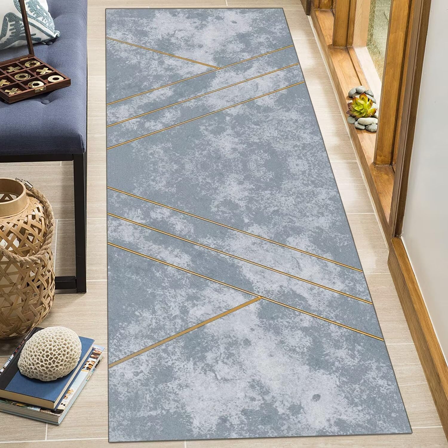 Tappeto runner per corridoi, lungo antiscivolo, 80 x 300 cm, tappeto da cucina, lavabile, blu, grigio, oro, corridoio, tappeto per camera da letto, soggiorno, design moderno antiscivolo per