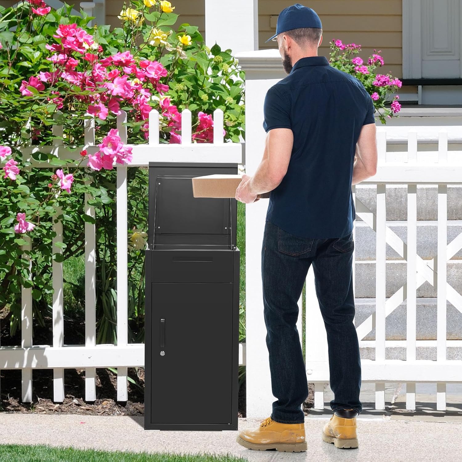 Package Delivery Boxes for Outside Large 38.3" x 17" x 16" Anti-Theft Galvanized Steel Parcel Drop Box Lockable with Mailbox Weather Resistant for Porch Fence Curbside Black