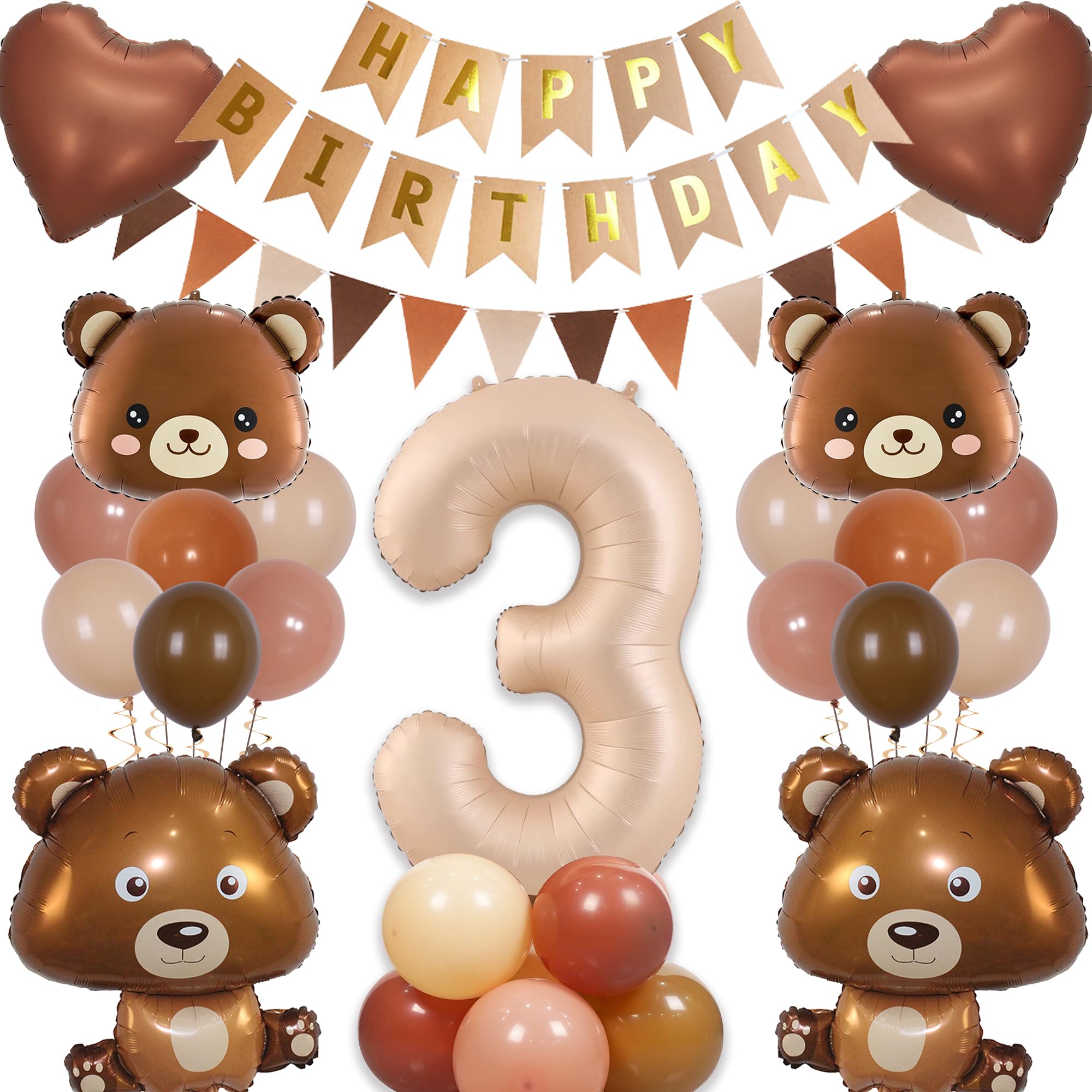 Bear Balloons 3rd Birthday Decorations - 59 Pieces Bear Birthday Decor, Number 3 Foil Balloon, Birthday Banner, Pennant Banner, Baby Bear Balloons, Brown Bear Head for Baby Shower Boys Girls