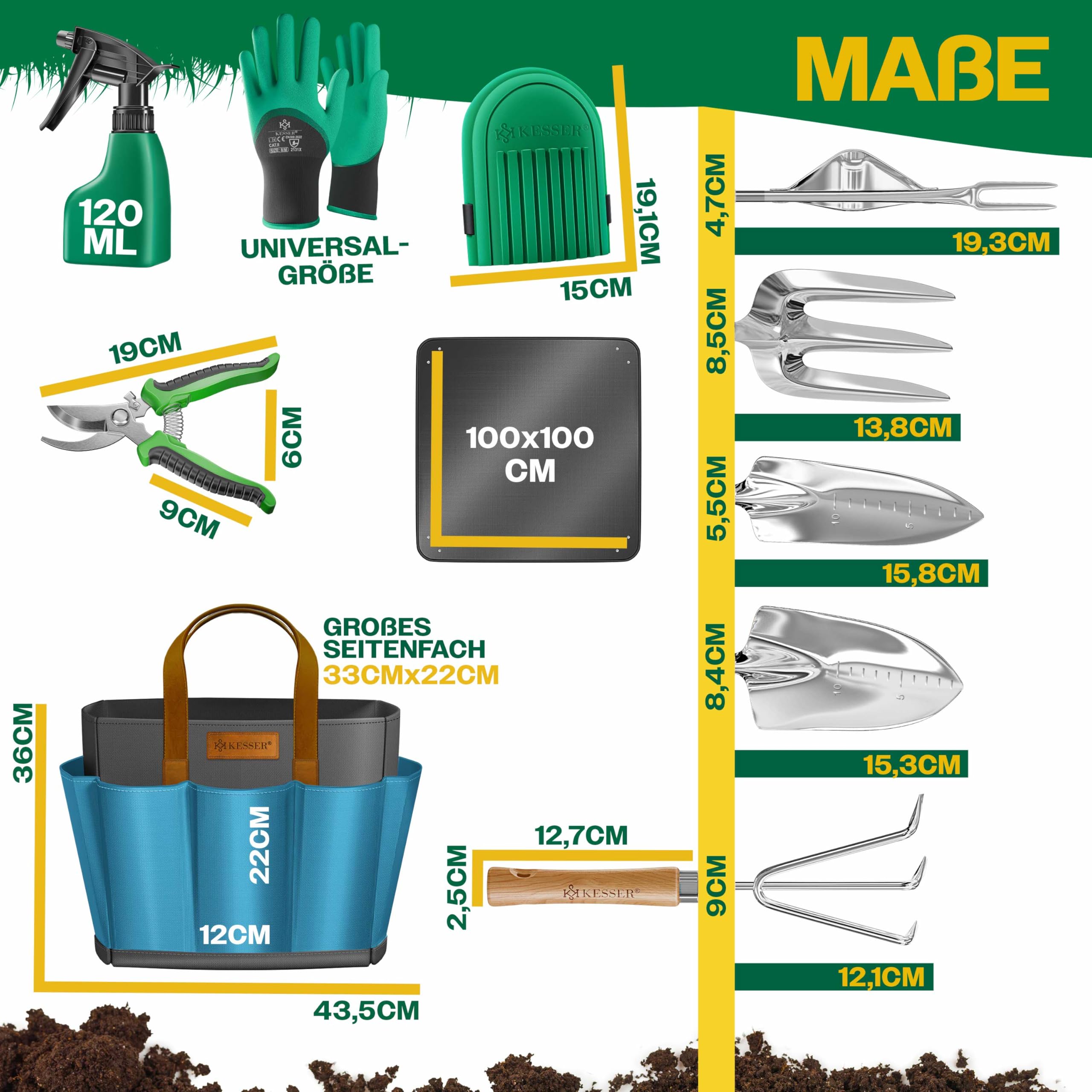 KESSER® Gartenwerkzeug Set 10-teilig mit ergonomischen Holzgriffen inkl. wasserdichte Tasche aus 600D Oxford-Material, Knieschoner, Pflanzmatte, Sprühflasche, Gartenschere, Handschuhe für Gartenarbeit
