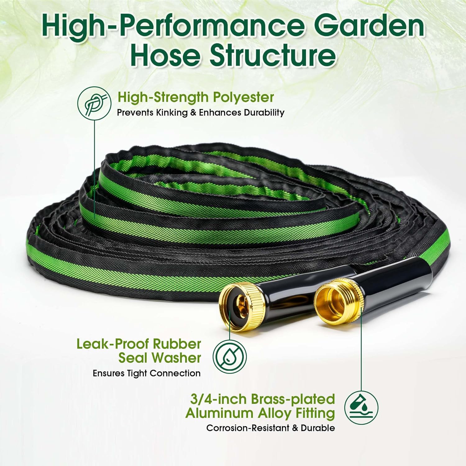 Aterr Garden Hose, Heavy Duty Flexible Water Hose with 10 Pattern Nozzle, Lightweight Durable Hose, Solid Aluminum Connectors，Leak-Resistant for Yard Lawn Car Washing, （50ft Green）