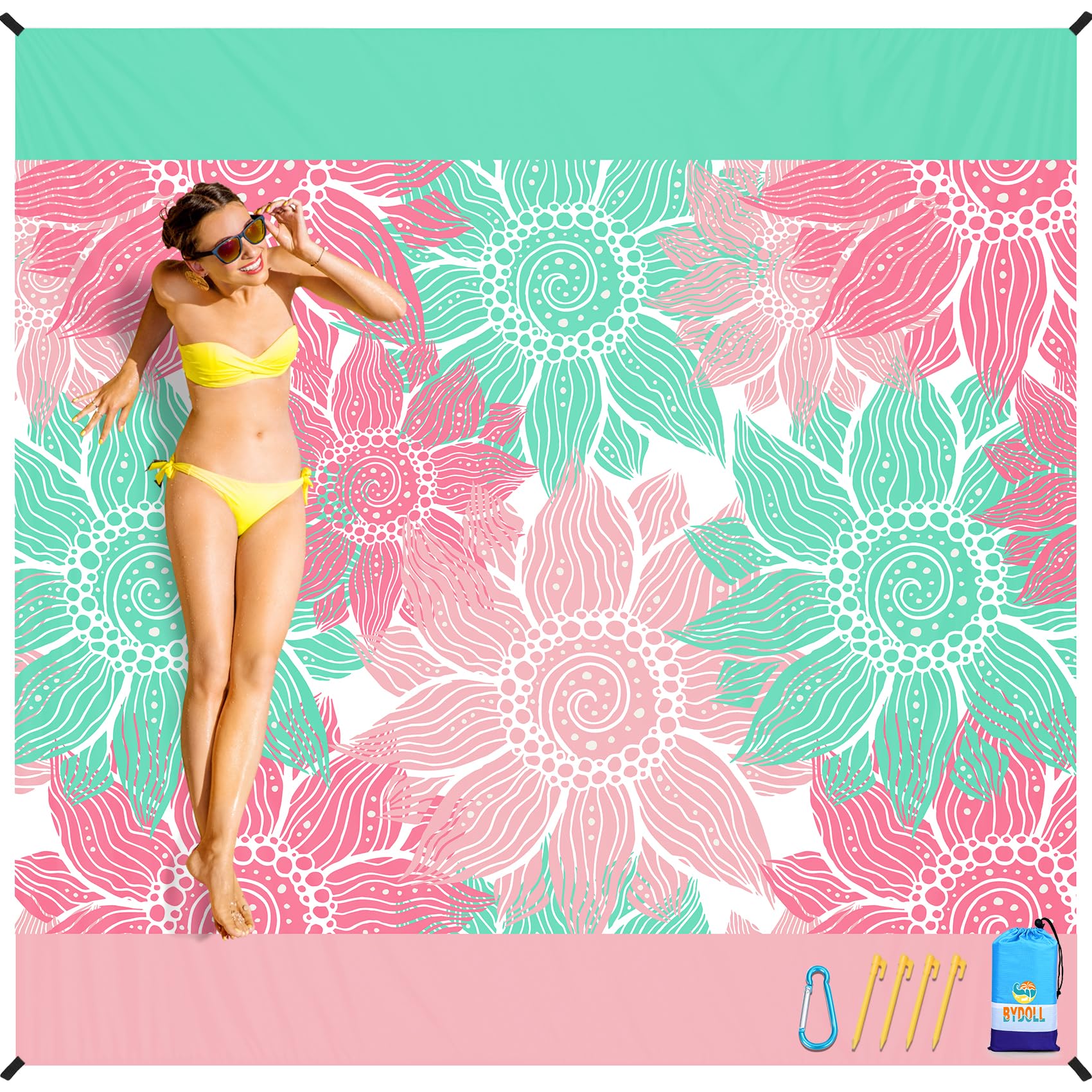 BYDOLLBeach Blanket Sandproof Waterproof 78''×81'' 1-4 Adults Compact Lightweight Oversized Beach Blanket Large Picnic Mat Beach Blanket for Travel Camping Hiking Picnic