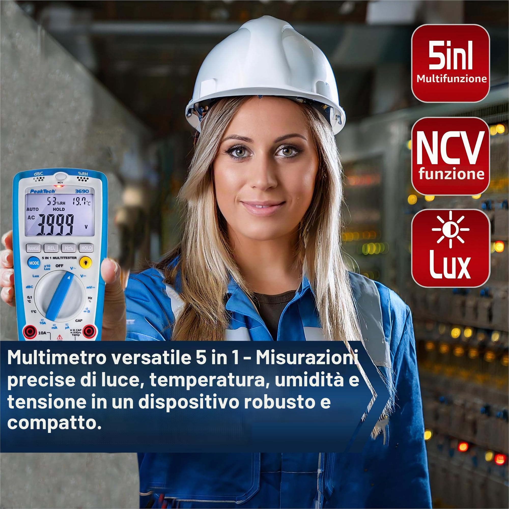 Peaktech 3690 – Multimetro Digitale 5 in 1, Luxmetro, Fonometro, Misuratore di Umidità, Voltmetro, Termometro, Multimetro Manuale, Tester di Continuità, 4000 Conteggi - 600 V