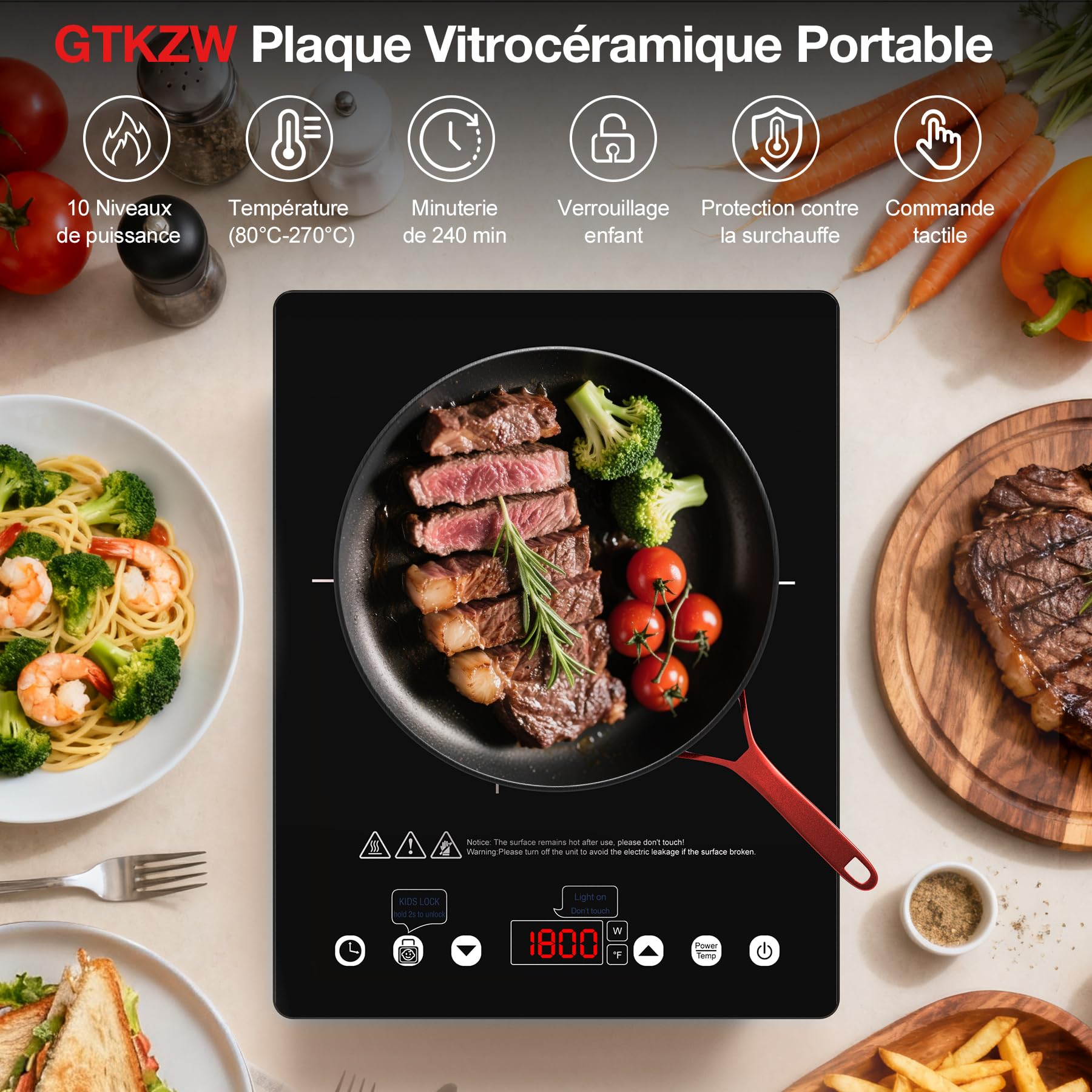 Plaque Vitrocéramique 1 Feu 2000W, Réchaud Électrique Portable avec Contrôle Tactile, 10 Niveaux, Compatible avec Toutes Casseroles, Plaque de Cuisson pour Camping-Car, Studio et Voyage