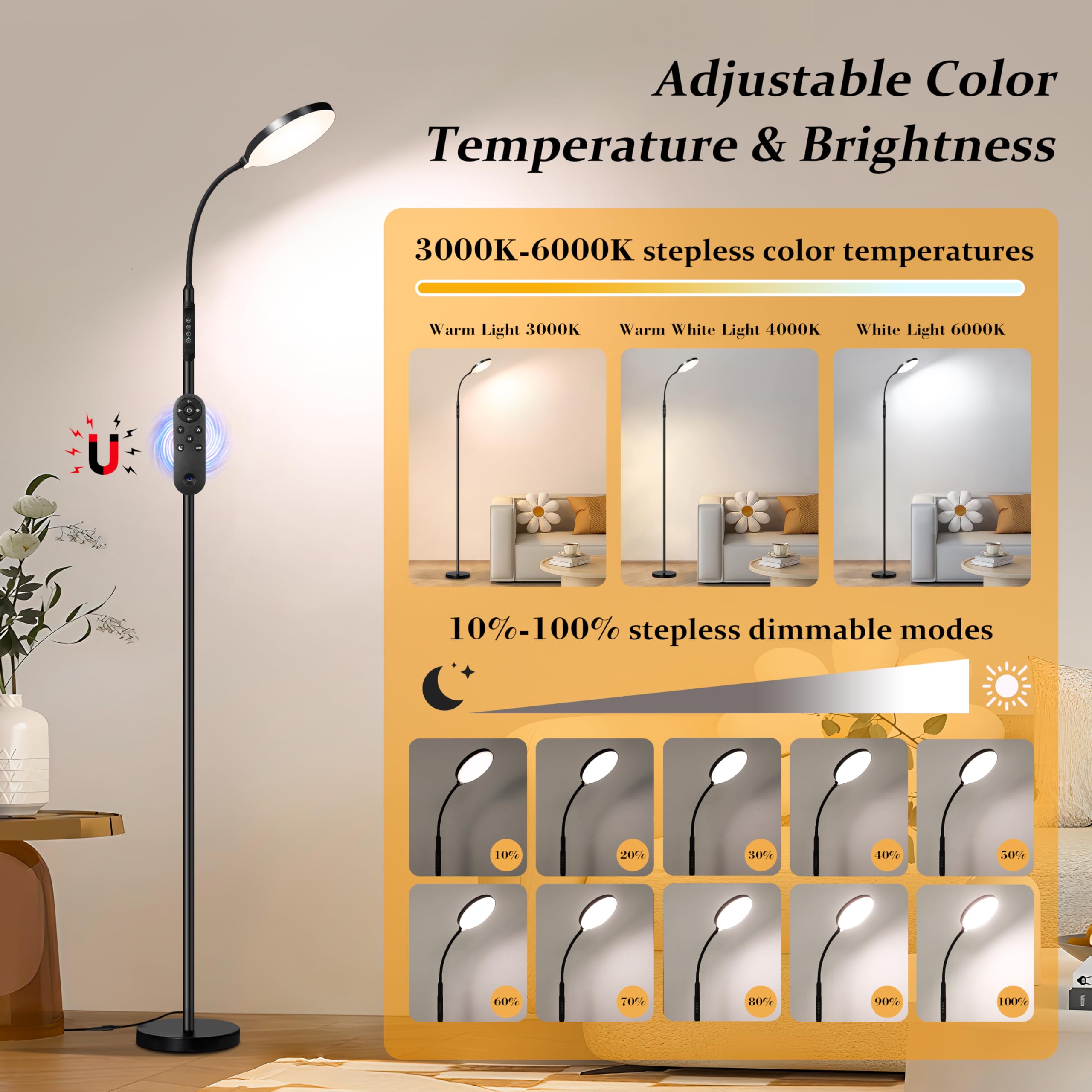 LED-Fußlampe mit Vollspektrum & Augenschutz, Magnet-Fernbedienung & Pfostensteuerung, verstellbarer Gänsehals 3000K-6500K dimmbar, stabiler Standfuß für Wohnzimmer Schlafenzimmer Büro Lesen, Schwarz
