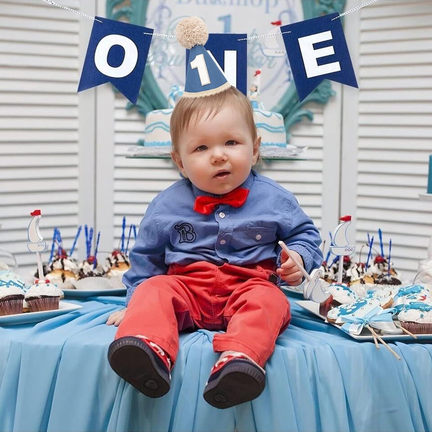 Boys 1st/First Birthday Cone Hat - One Year Old Boy Birthday Decorations. - Image 3