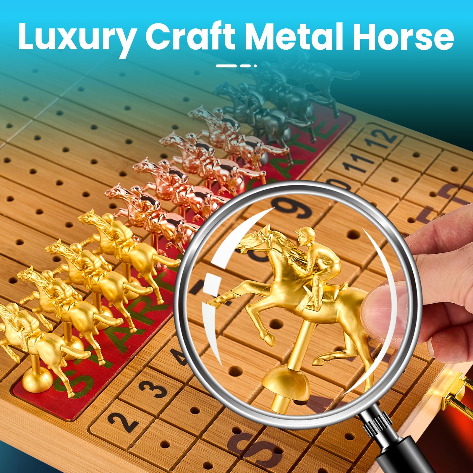 Bamboo Horse Racing Board Game - 11 Metal Horses -4