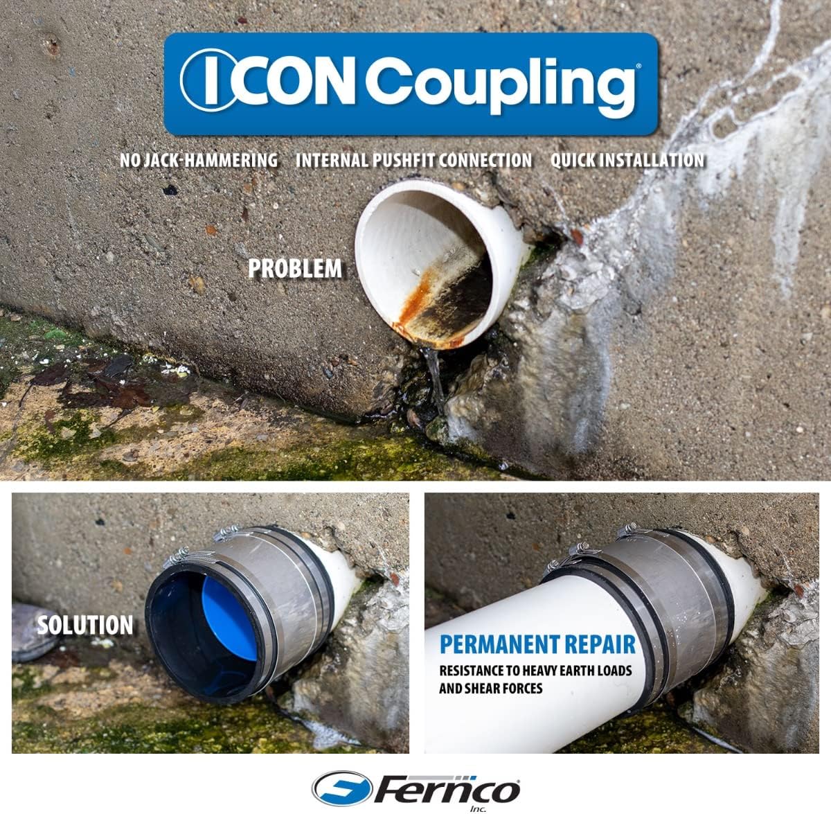 Fernco 4" ICON RC Pushfit DWV Coupling Sheared Off Pipe Connector with Shielded Coupler, Plastic, Cast Iron and Copper