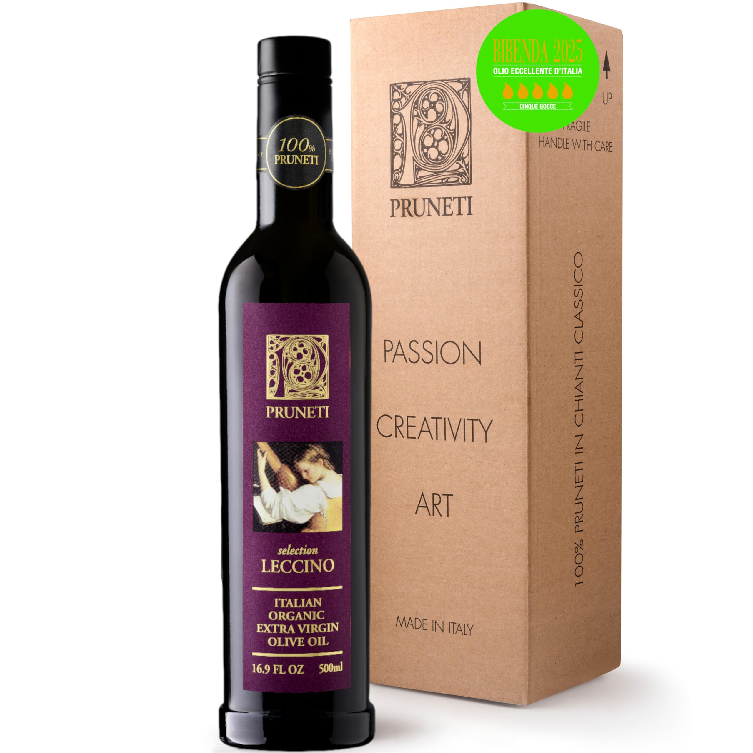Pruneti Leccino Organic Extra Virgin Olive Oil from Tuscany – 2025 Gold Award Winning Italian Olive Oil from Italy – 400+ mg/kg Polyphenols evoo – First Cold pressed for Drinking & Finishing Use