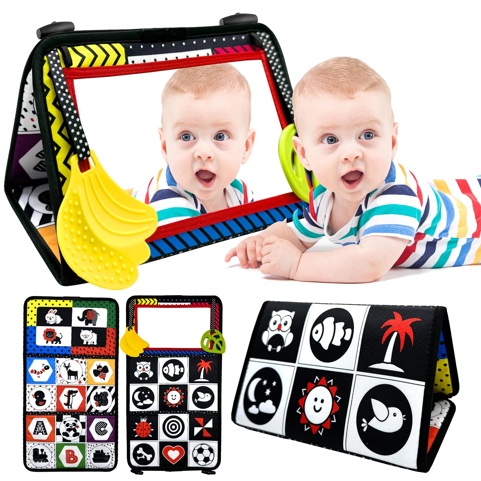 AKOFIC Espejo Bebe Montessori, Juguetes Bebes 0 3 6 12 Meses, Libros Tela Sensoriales Blanco y Negro con Plegable Espejo y Mordedor, Juguetes Educativo Interactiva Regalos para Recien Nacidos (B)