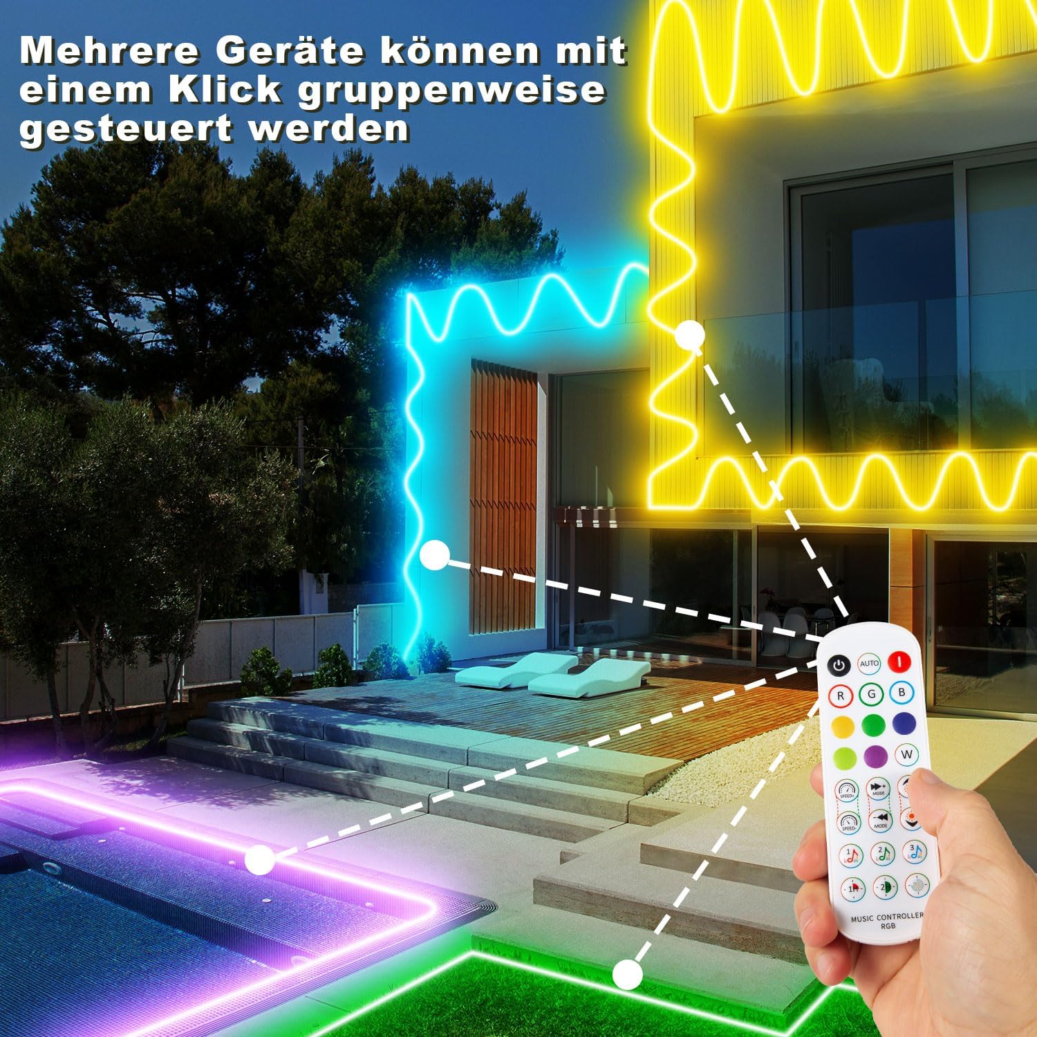 RGB Neon LED Strip Wasserdicht, IP68 LED Streifen Aussenbereich Schlauch mit Bluetooth und Smart App, Outdoor Neon Light Flexible Musik Sync für Garten, Balkon, Terrasse (2 * 10M)