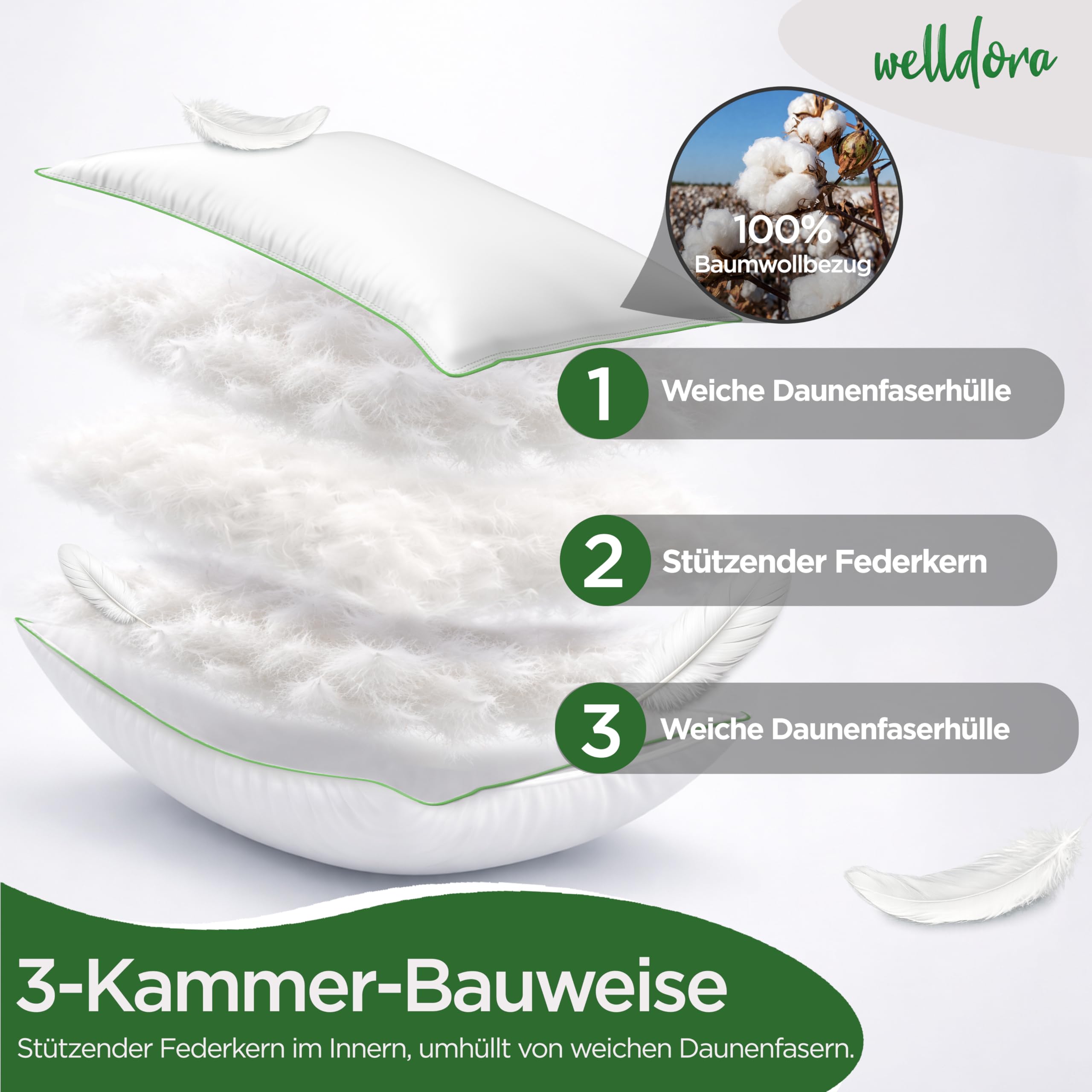 Welldora Kopfkissen 80x80 100% natürliche Daunenfasern Federn 3 Kammern Nackenstützkissen Oeko-Tex zert.