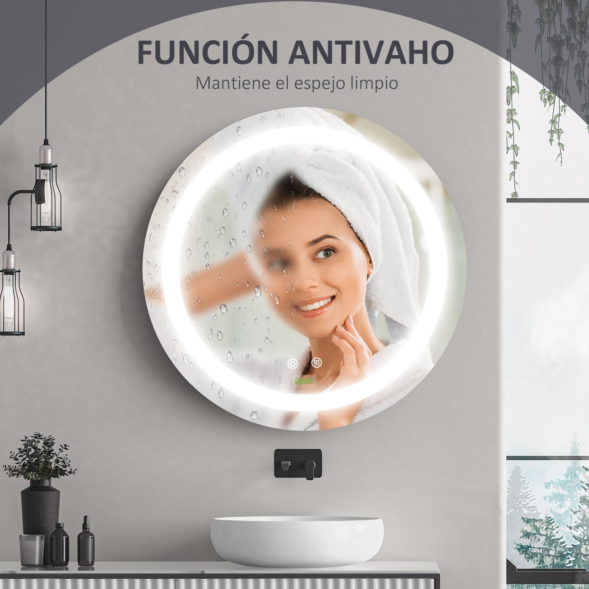 kleankin Espejo de Baño con Luz LED Redondo Ø50x4,6 cm Plata | De Pared, Interruptor Táctil, 3 Luces Ajustables, Función de Memoria, Antivaho, Marco de Aluminio, Pequeño