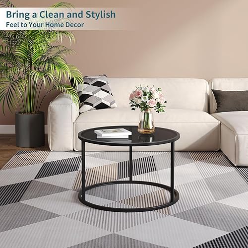 Miniatura 5 de SAYGOER Mesa de centro de cristal negro, mesas de centro redondas pequeñas de 27.6 pulgadas, mesa central moderna de vidrio templado para sala de